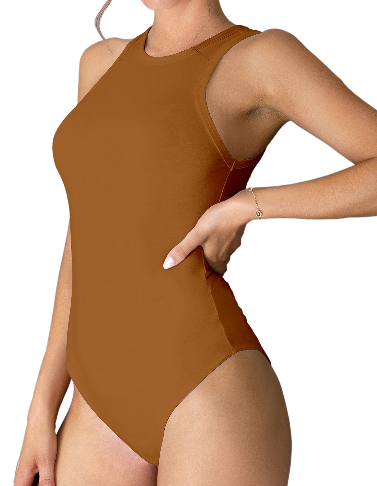 MANGDIUP Womens Crewneck Sleeveless Long Sleeve Bodysuit Basic Stretch Cotton Jumpsuit Tops, Sleeveless Camel, Large