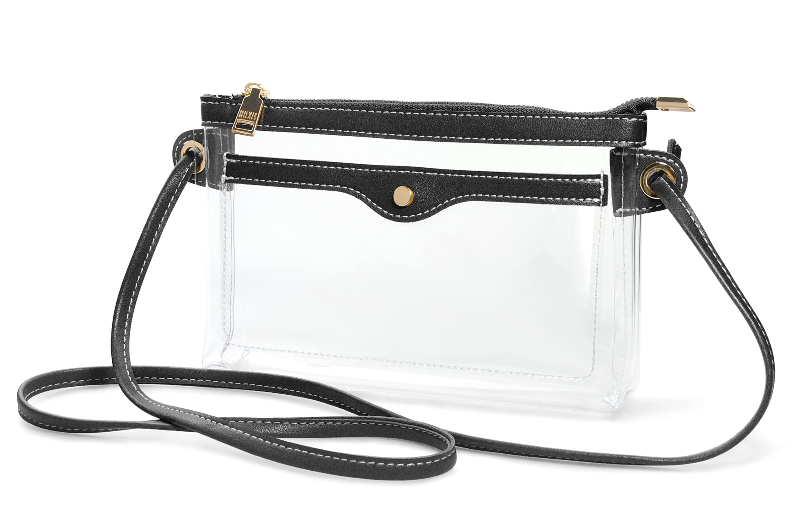 Women's Clear PVC Cross Body Bag Pocket Shoulder Bag with Vegan Leather Trim Transparent Zipper Purse Stadium Approved