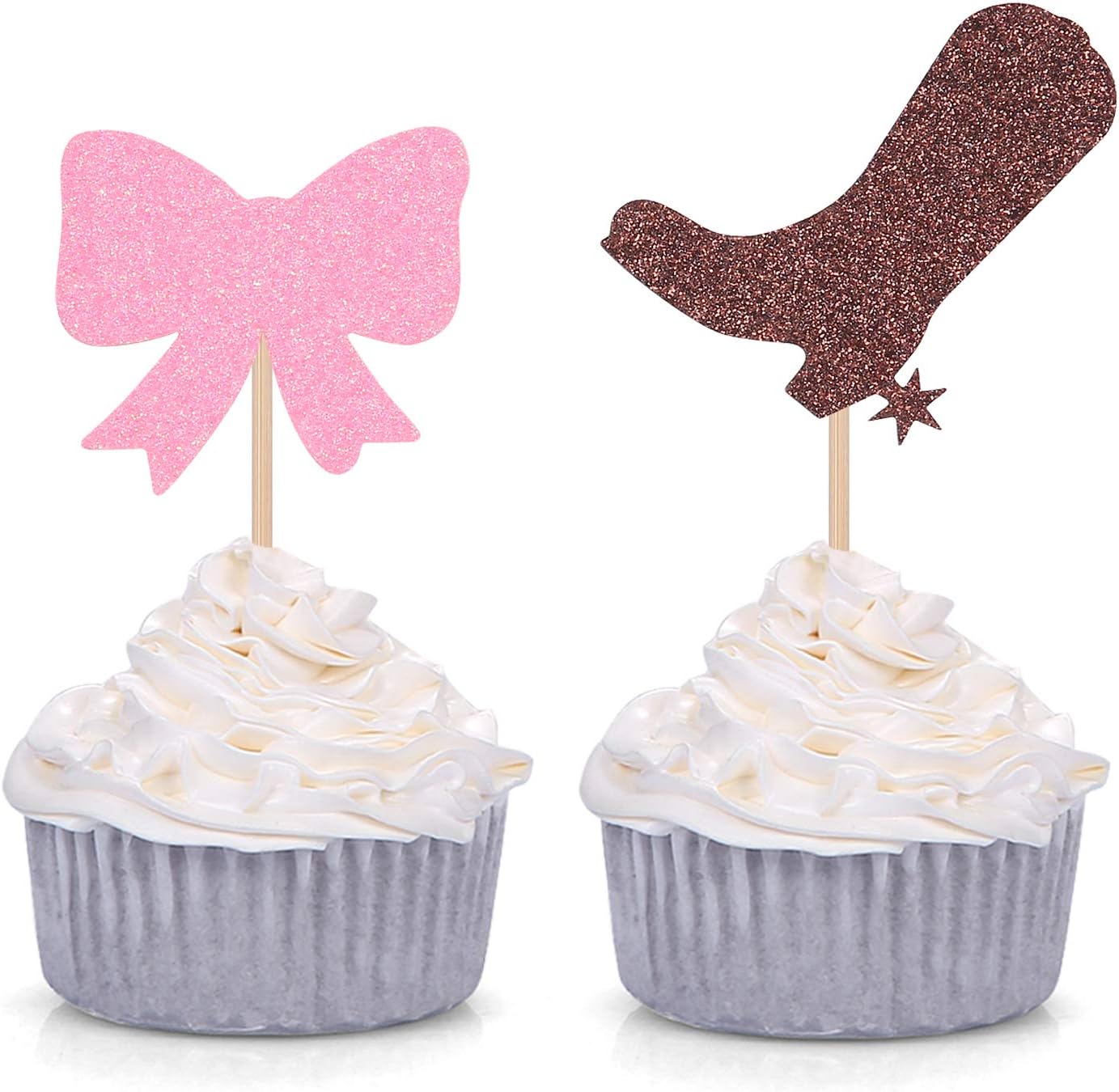 Pack of 24 Glitter Boots or Bows Gender Reveal Cupcake Toppers Party Picks Decorations (Brown and Pink)