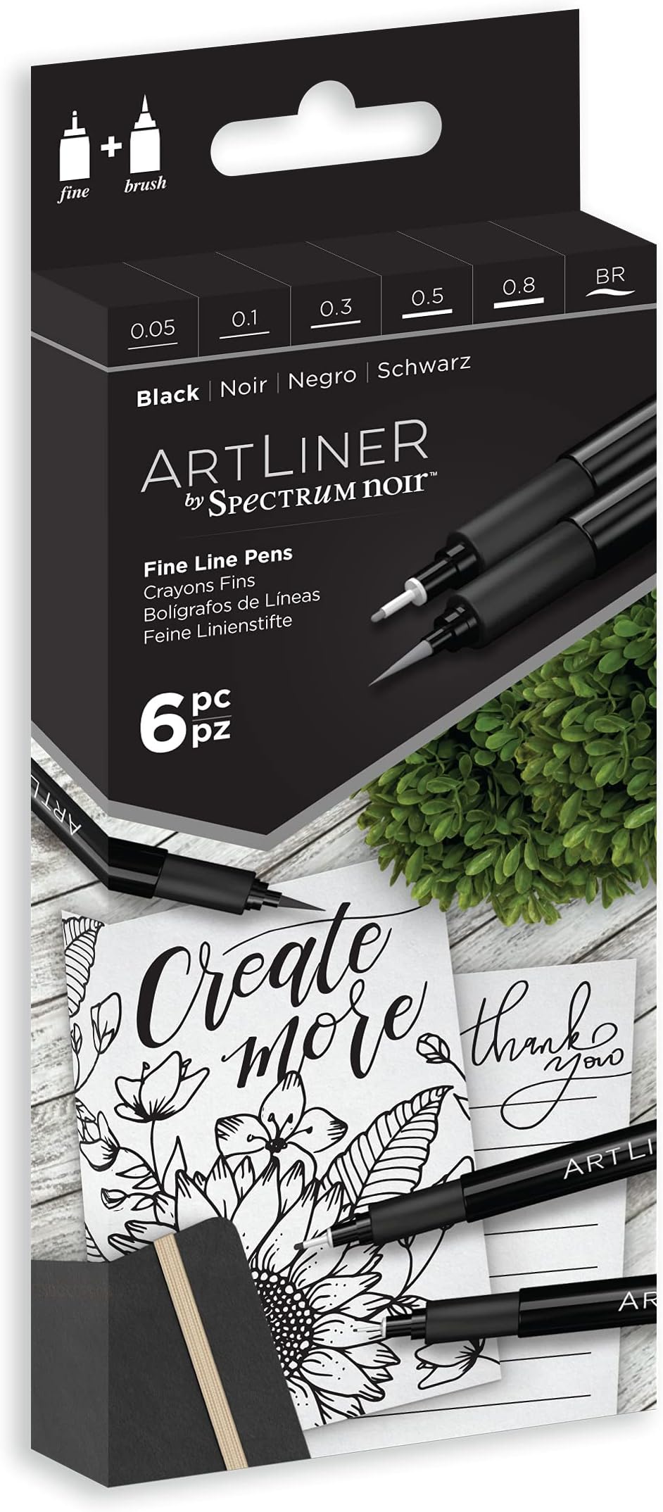 Spectrum Noir Artliner 6 Per Package - Black, Fine & Brush (Pack of 1 )