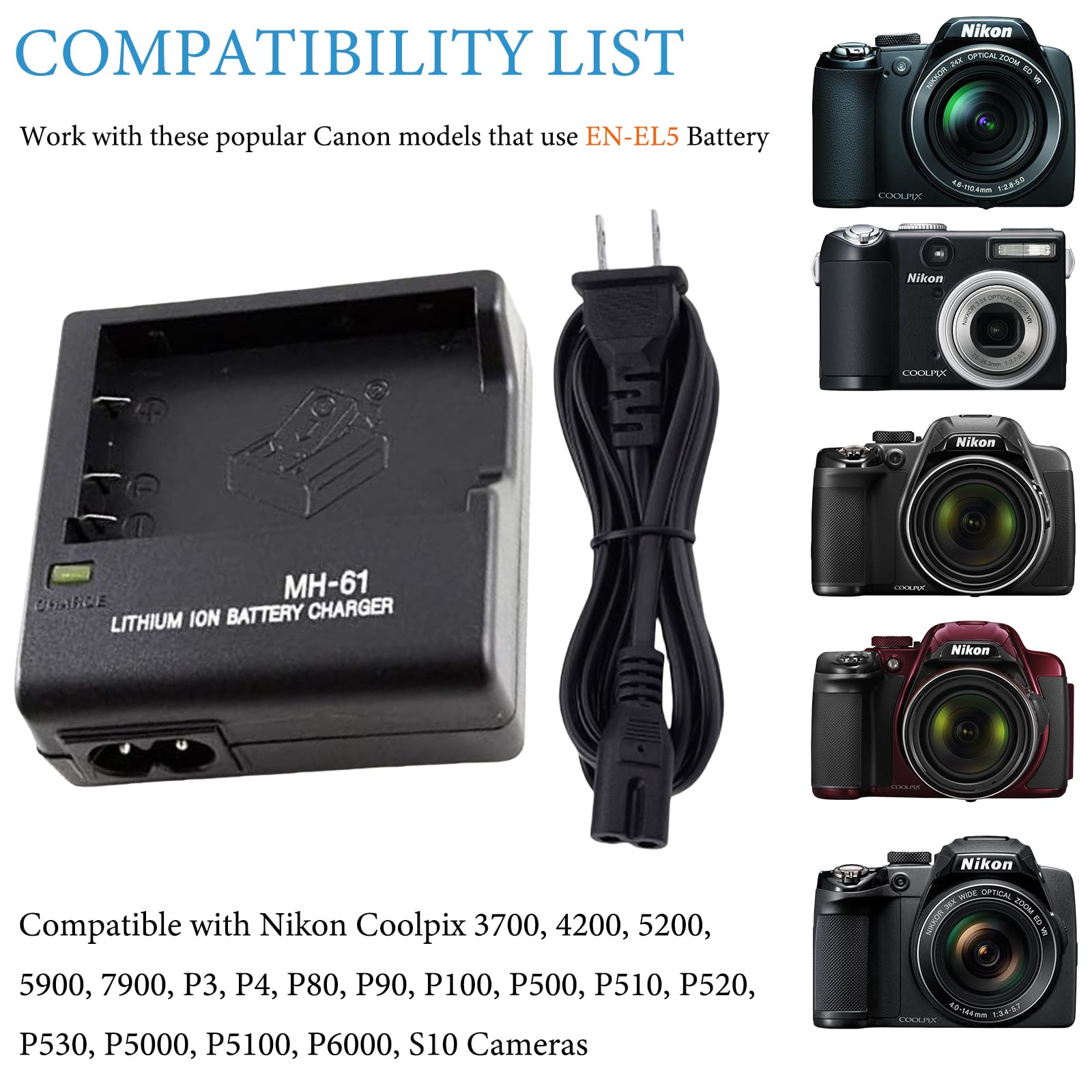 Lot De 2 Batteries EN-EL5 1600mAh Pour Appareils Nikon Coolpix 3700, 4200, P80, P500, S10 Et Plus