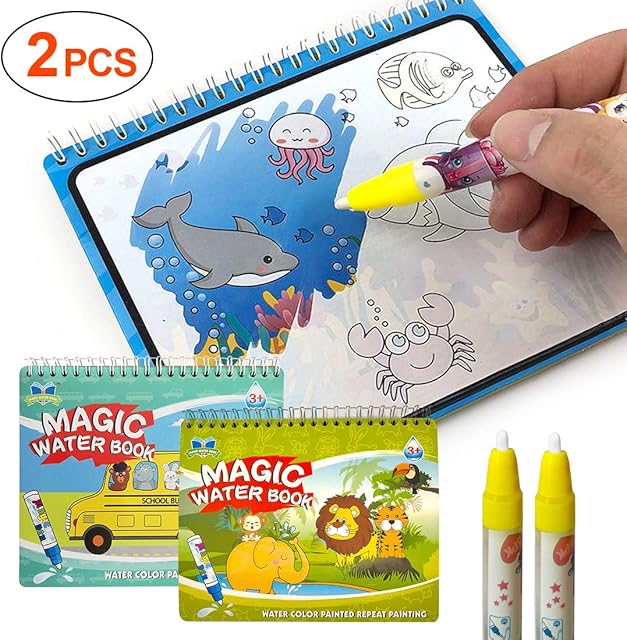 2 pcs Magic Water Coloring Books, LISOPO Water Drawing Doodle Book for Children with 2 Magic Pens, Learning Toys for 2 3+ Year Old Boys Girls, Painting Board for Children, Drawing Gifts for Kids