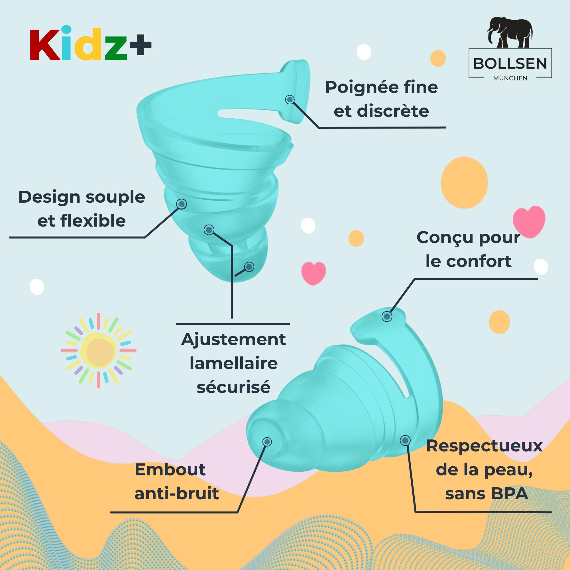 BOLLSEN Bouchons d’oreilles pour enfants – Réduction du bruit de 24 dB SNR, étanches pour la natation, le sommeil, les voyages et l’école – Réutilisables et confortables (2)