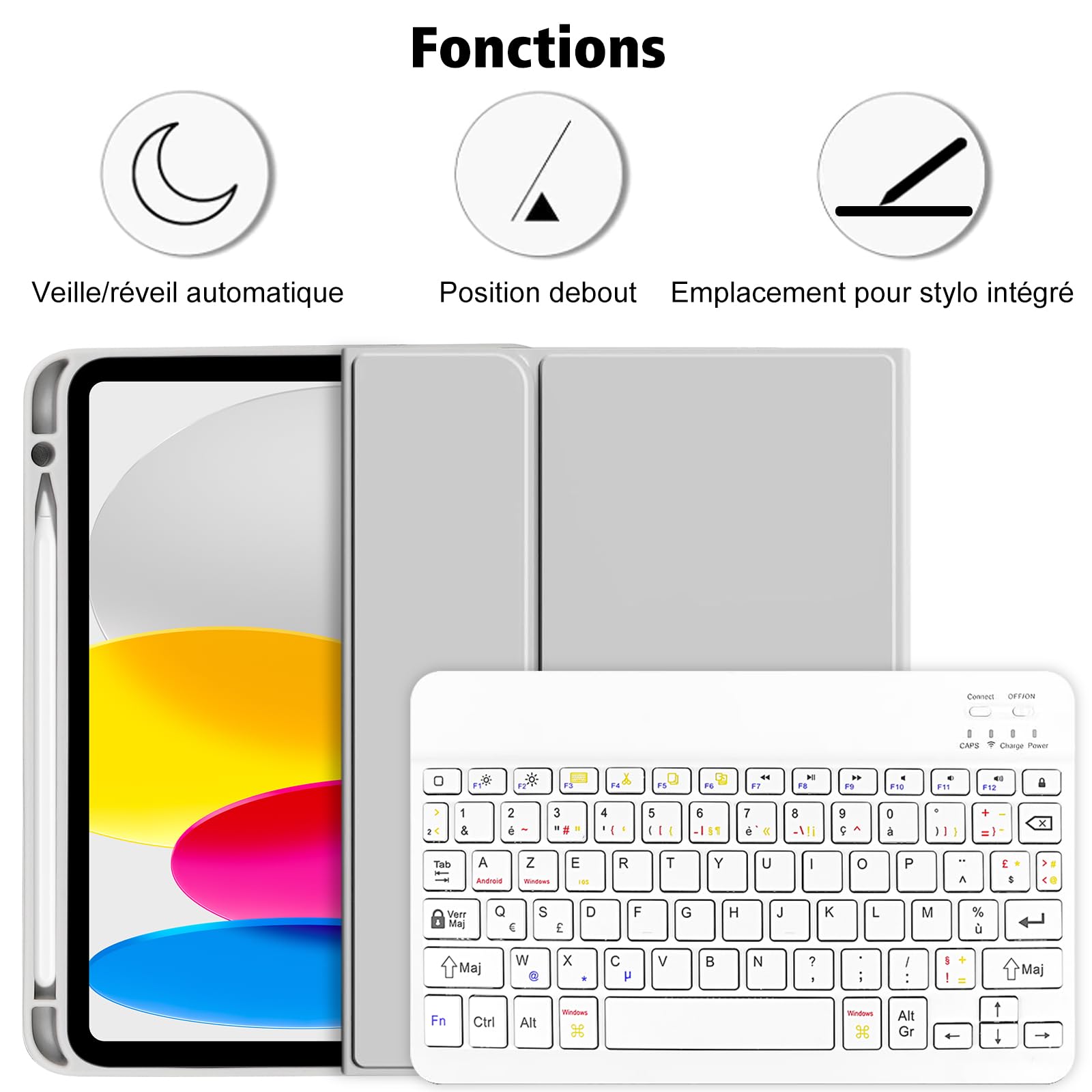 Coque Clavier pour iPad A16 11/10 Ème Generation (10.9 Pouces 2022/11 Pouces A16 2025), Housse iPad 11 Bluetooth Détachable sans Fil avec Porte-Stylo, AZERTY Layout (Gris Blanc)