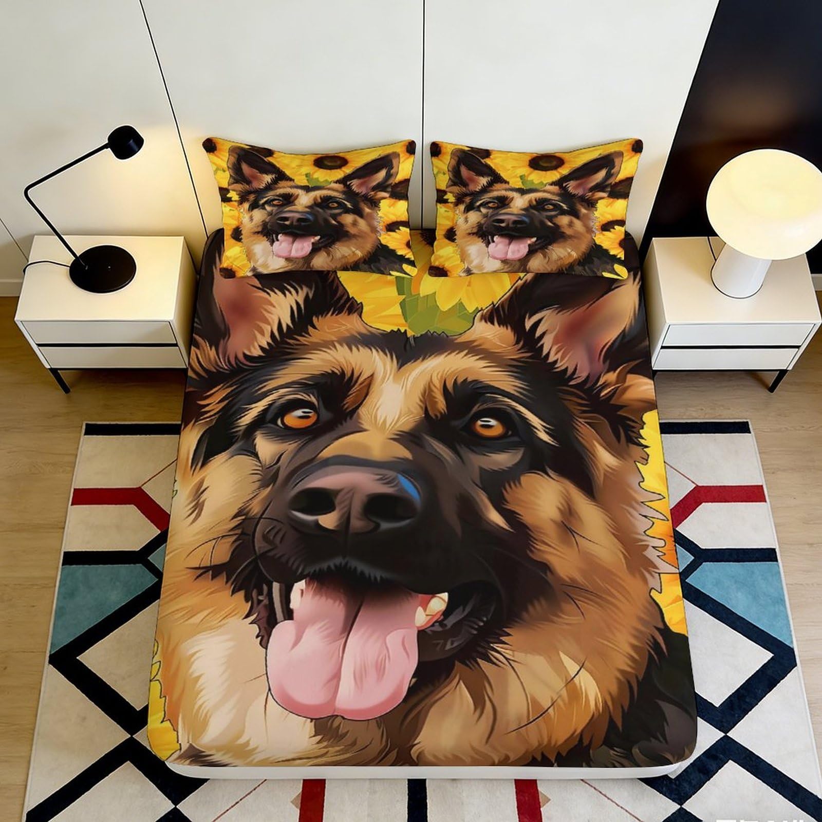 3D Printed German Shepherd Fitted Sheet Microfiber Soft Breathable Sunflower Bed Cover for Bedroom Dormitory Guest Room Mattress Protection Decor 90x200x25cm