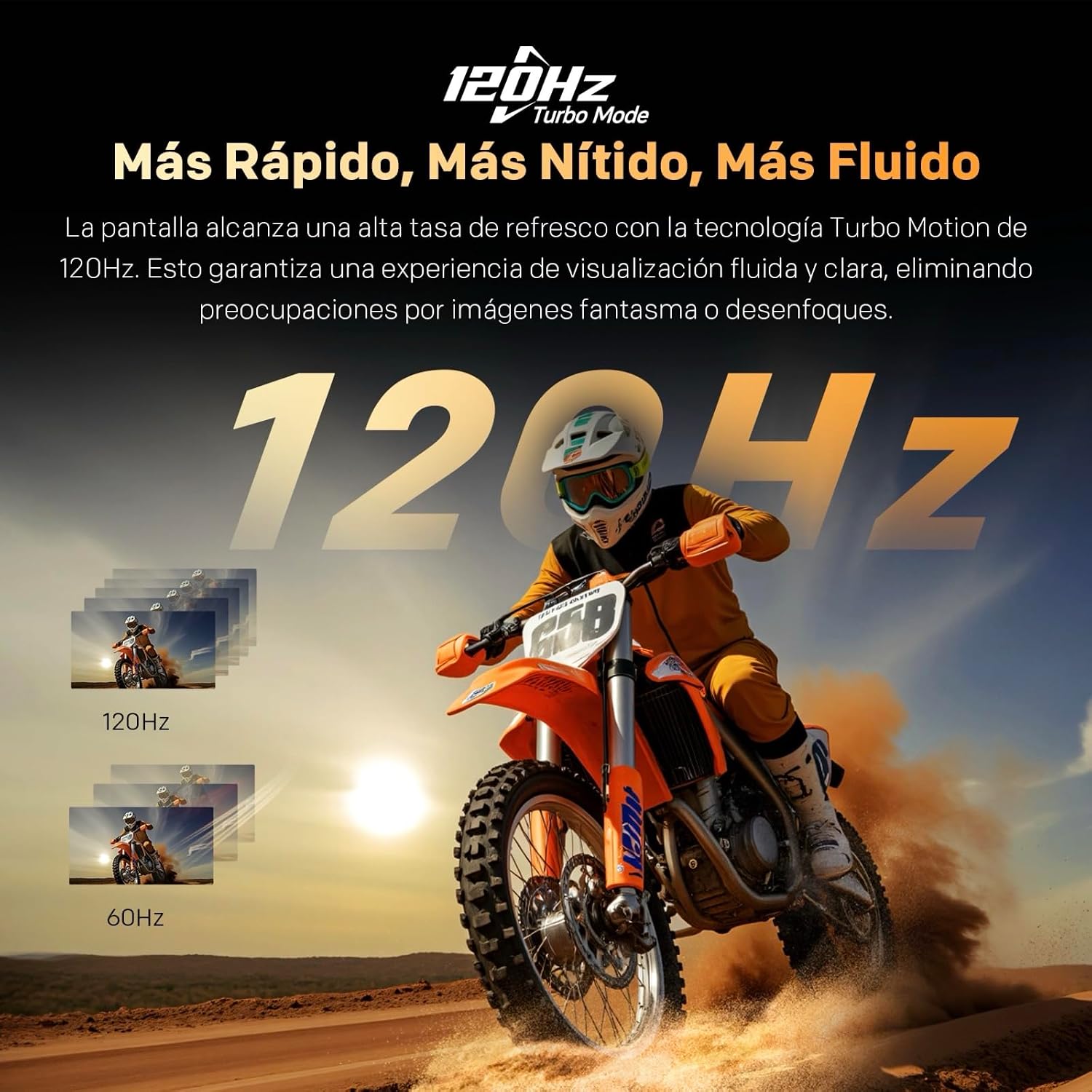 Motorcyclist in a desert with 120Hz Turbo Mode text