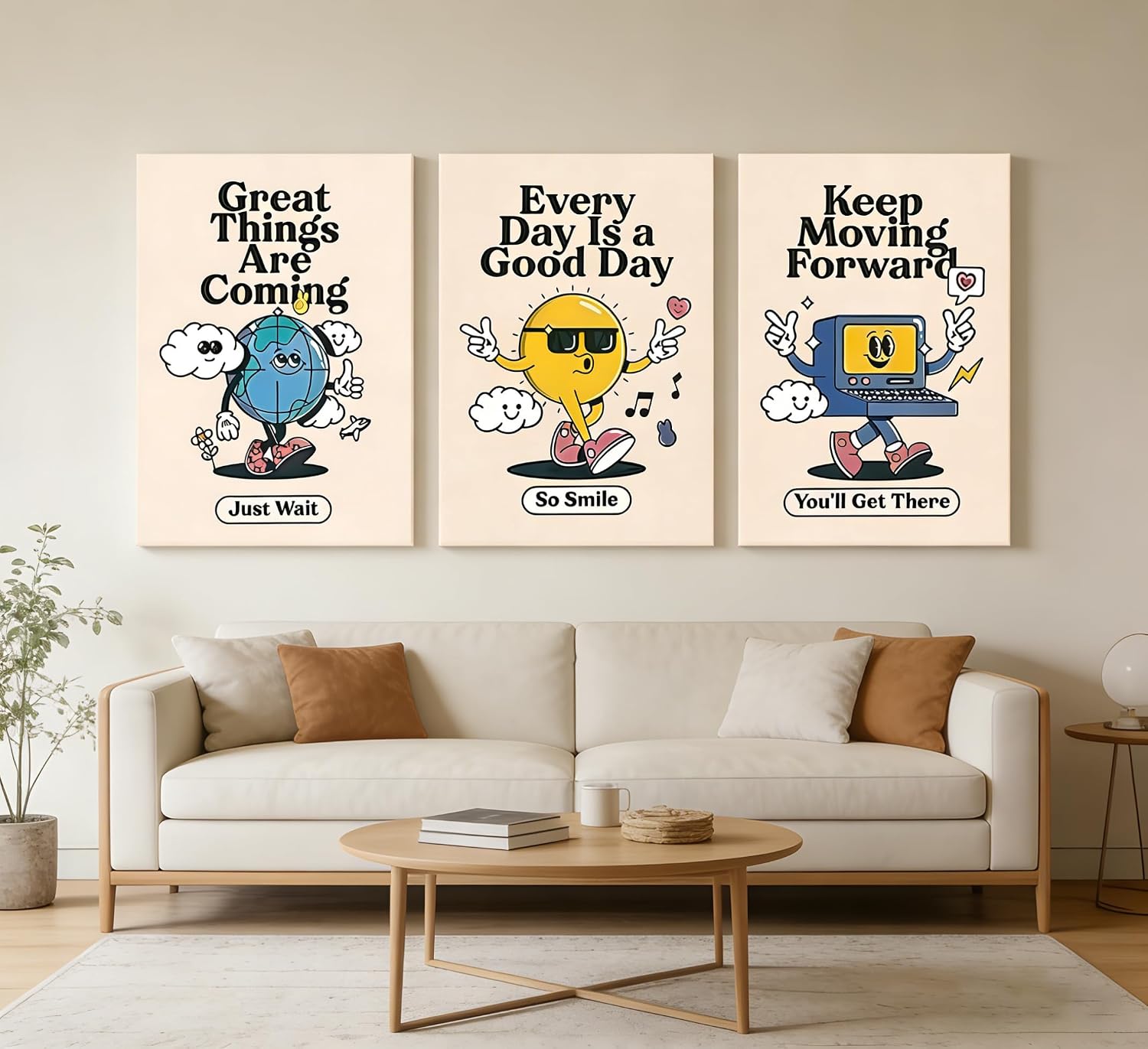 3Pcs Framed Vivid Retro Wall Art Canvas Motivational Posters Aesthetic Funny Prints Colorful Pictures Paintings Cool Cartoon Wall Decor Funky Inspirational Decoration Cute Trendy For Home Bedroom Living Room Office image 2