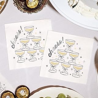 xo, Fetti Gold Foil Cheers Napkins | 3-ply, 50 pcs | Bachelorette Party Champagne Coupe Decorations, Birthday Party Decor, NYE Cocktail Supplies, Celebratory Tableware