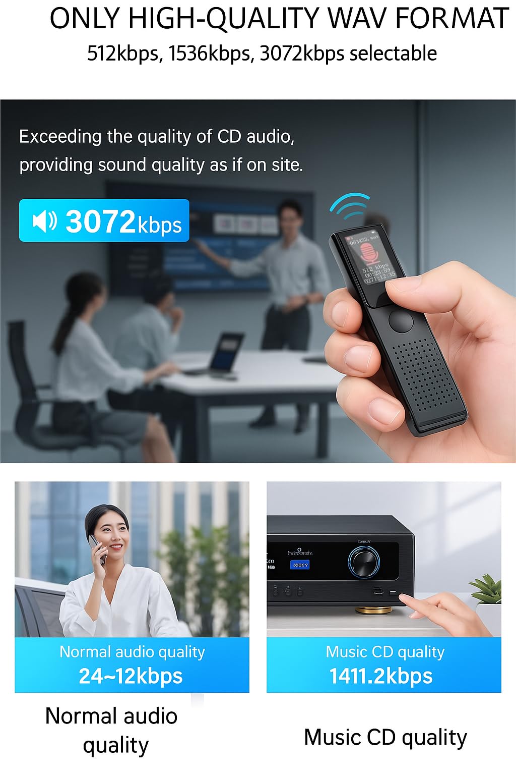 Digital Voice Recorder, Diktiergerät Aufnahmegerä mit Playback - 3072Kpbs One-Touch Audioaufnahmegerät mit Rauschunterdrückung für Klassen/Meeting/Interviews