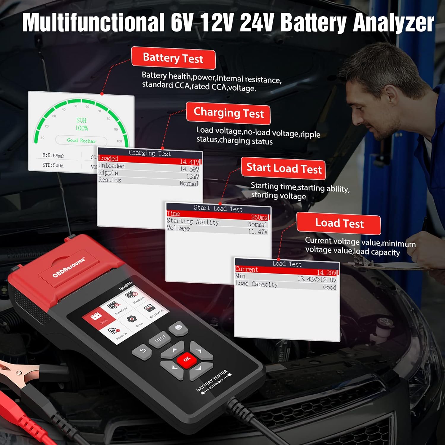 Car Battery Tester with Printer 100-2000 CCA 6V 12V 24V ELMCONFIG BM800 Battery Load Tester with Car Cranking and Charging System Analyzer Scan Tool for Cars, Trucks & Motorcycles (3PCS Thermal Paper)