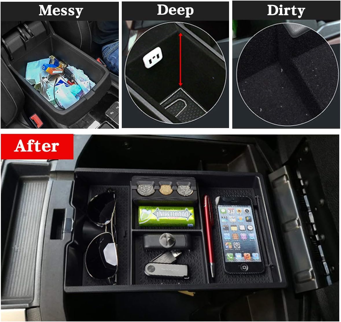 Jaronx For Dodge RAM Center Console Organizer, Storage Box for Dodge RAM 1500 (2009-2018) and 2500/3500 (2010-2018),Armrest Organizer Tray + Coin Holder (Full Console w/Bucket Seats ONLY)