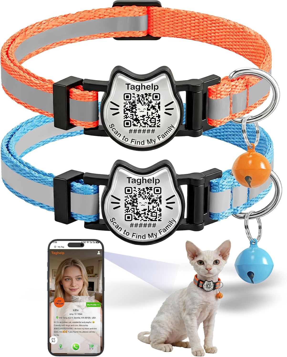 Breakaway Cat Collar with QR Code Tag and Bell (Blue & Orange) | Reflective Nylon, Quick-Release Buckle