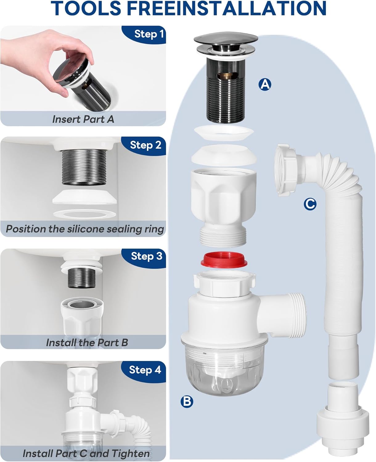 BOTEMY 1 1/2" Bathroom Sink Drain Kit with Flexible Drain P-Trap - No Tool Installation, Anti-Odor White Sink Drain Pipe Kit for Bathroom, Black Pop Up Stopper &Strainer Hair Catcher(with Overflow)