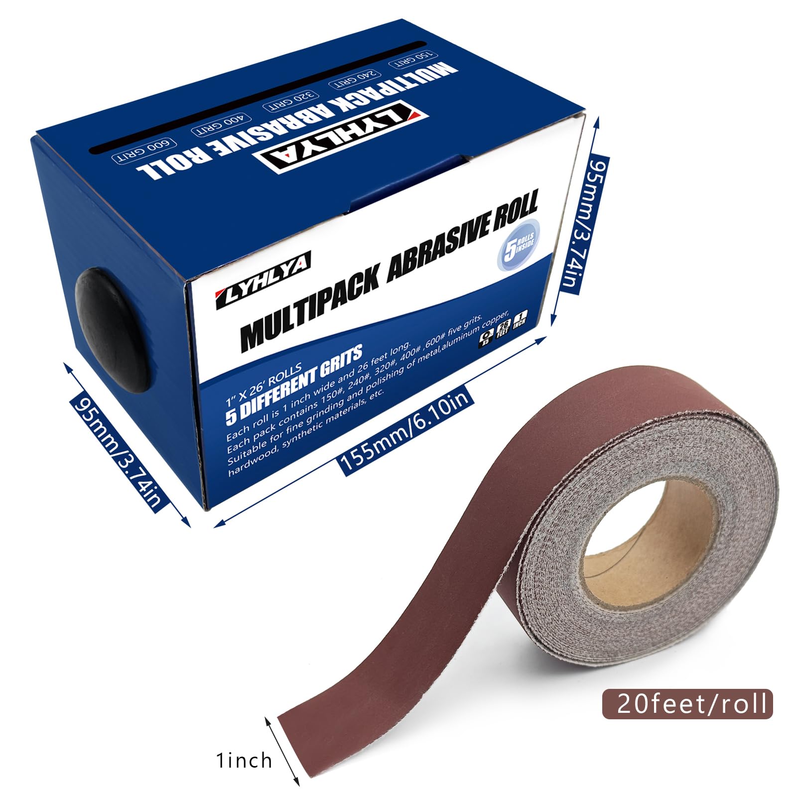 Rouleaux de papier abrasif auto-agrippant, 5 grains assortis par rouleau de papier abrasif de 2,5 cm x 5 m, rouleau de papier abrasif émeri 150, 240, 320, 400, 600 grains pour ponçage et polissage