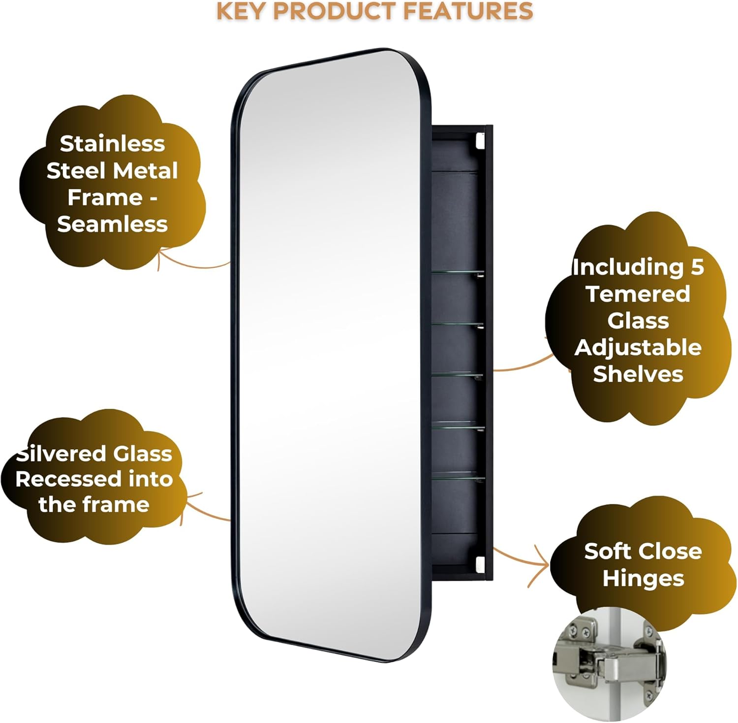 TEHOME Black Rectangle Long Bathroom Medicine Cabinet with Mirror Matt Black Recessed and Surface Mount Stainless Steel Metal Framed Rounded Rectangular Bathroom Cabinet with Mirror 20x40''