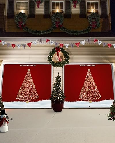 Miniatura 3 de Pancarta de Navidad para puerta de garaje, 7 x 16 pies, árbol de Navidad brillante, copo de nieve, rojo y blanco, decoración de puerta de garaje de