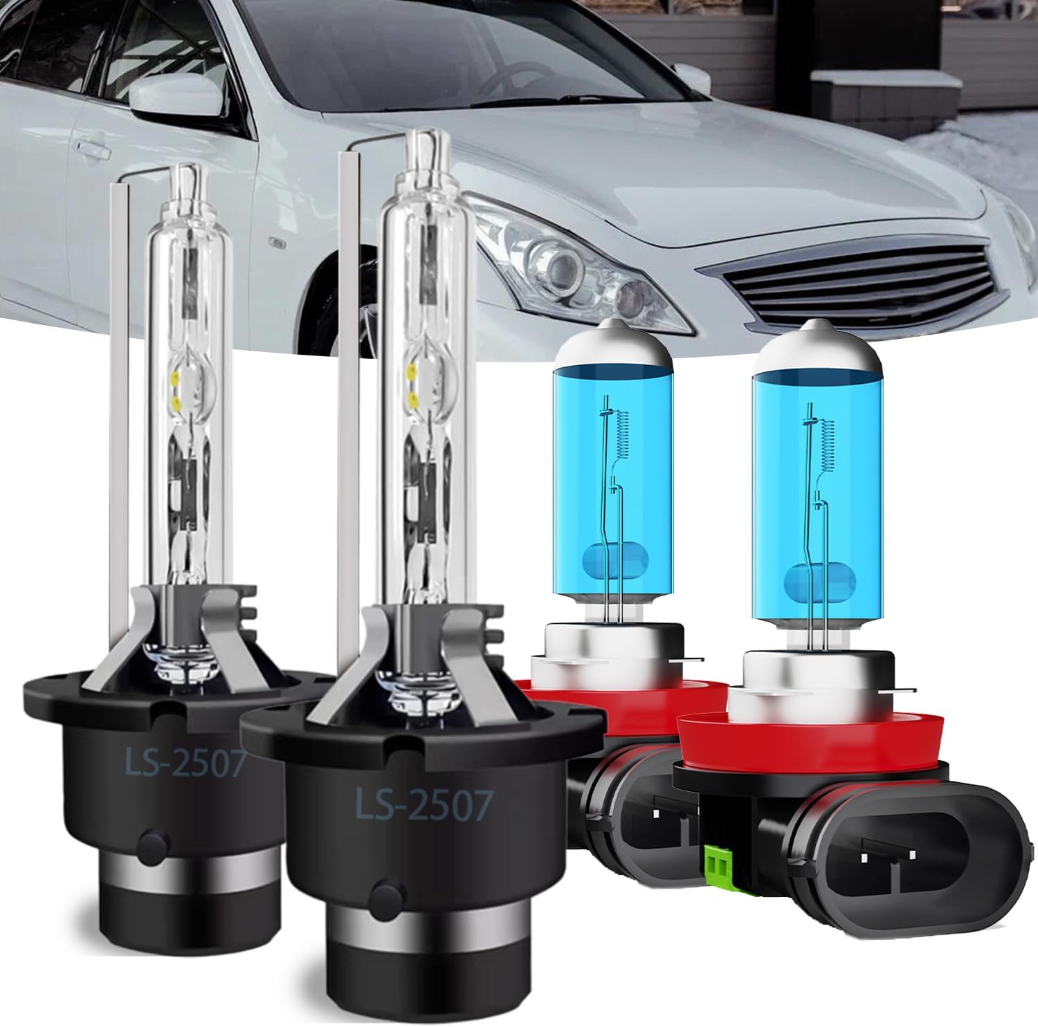 Headlights Fit for Infiniti G25 2011-2012 Headlight Bulbs,D2S HID Xenon High/Low Beams+ h11 Halogen Fog Lights, Bright Front Lights,Plug And Play,Pack of 4