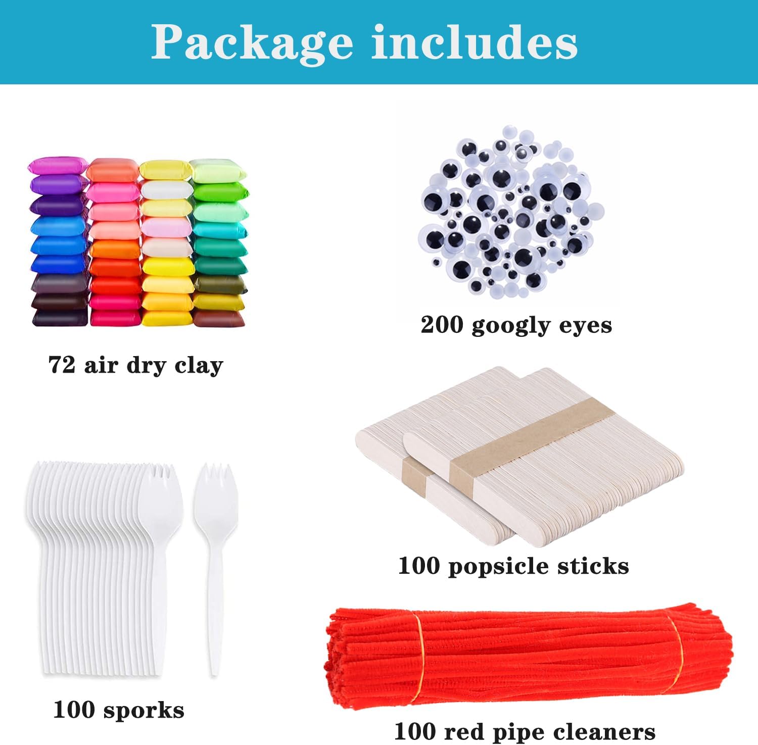 100 Set Fork Creativity Set, Air Dry Clay Plastic Sporks Red Pipe Cleaners Clever Eyes Popsicle Stick,Make Your own Forky