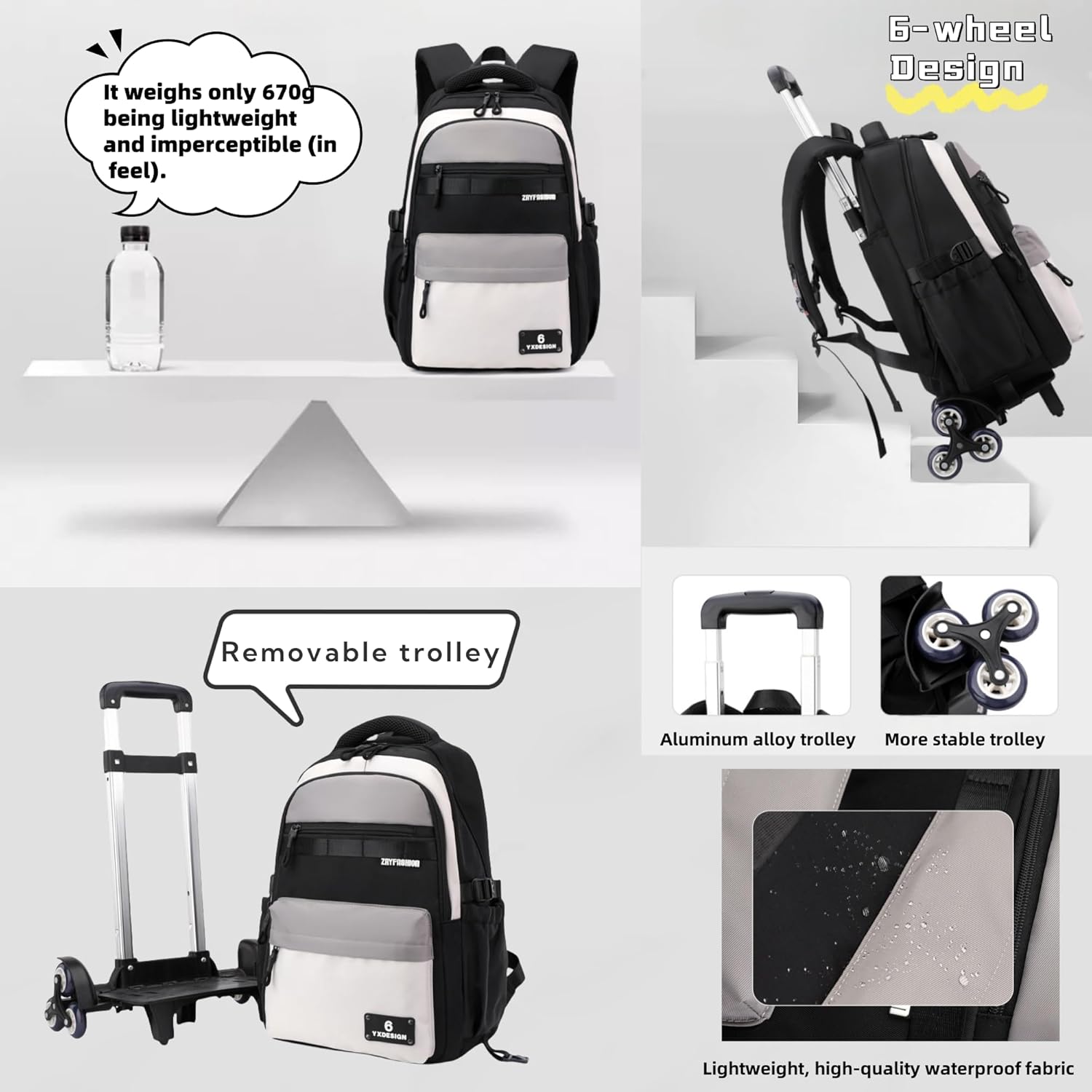 ZHANAO Rolling Backpack for Boys Color-blocking Schoolbag for Middle School Students Trolley Bookbags for Elementary Boys - Image 5