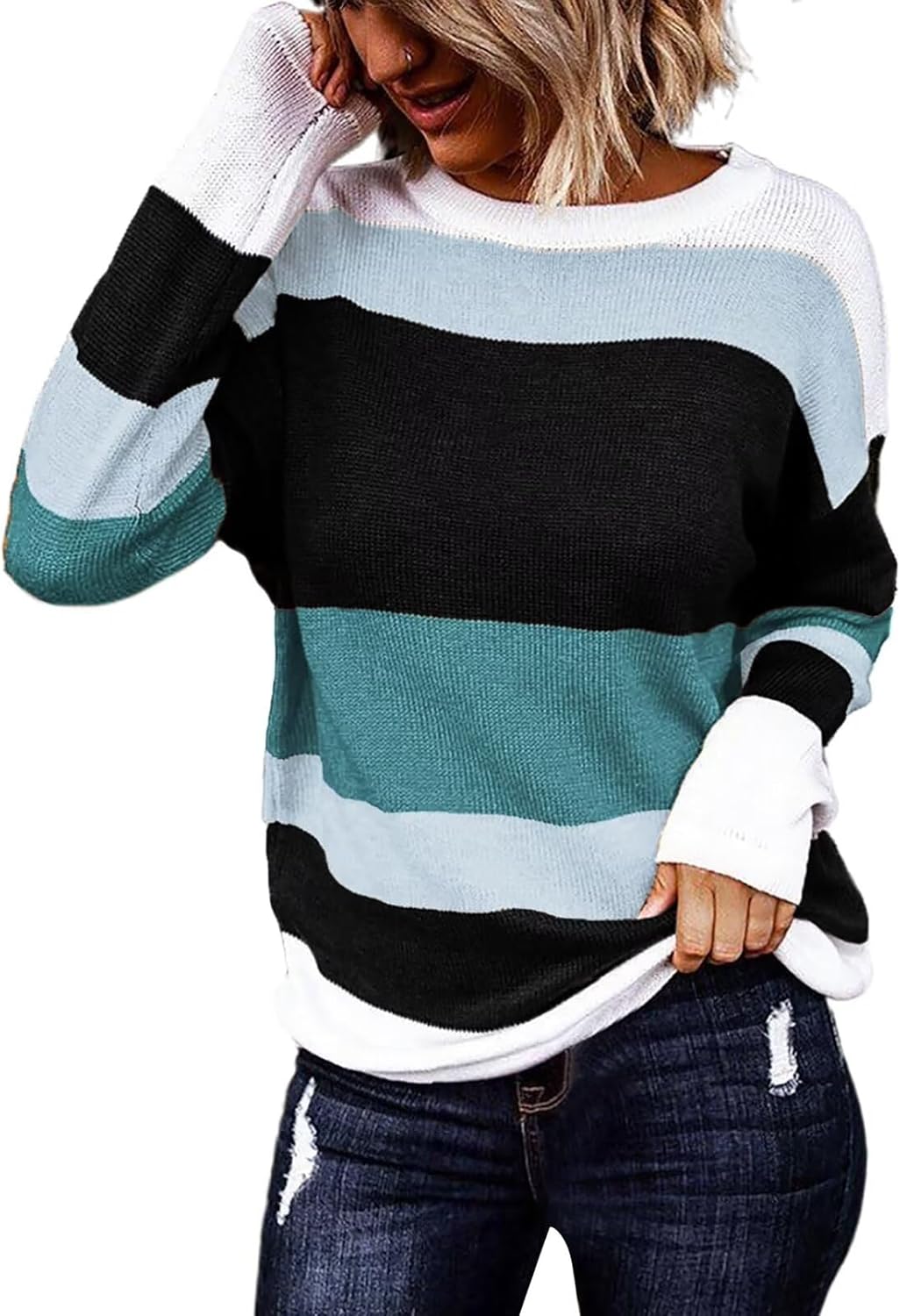 QACOHU Women’s Fall Sweater 2024 Crew Neck Long Sleeve Casual Pullover Knitted Sweater Tops