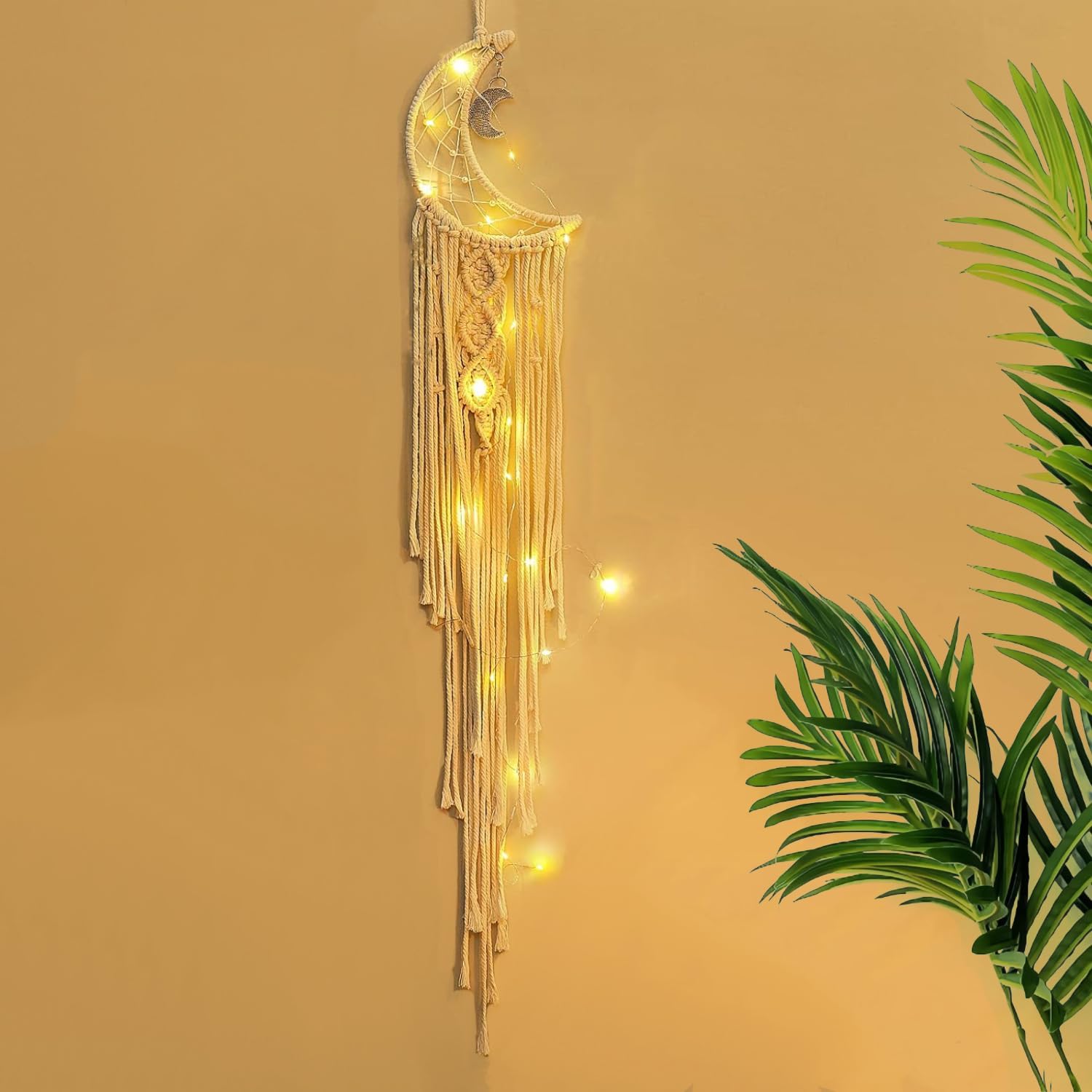 Dream Catcher with LED String Lights Handmade Boho Macrame Wall Hanging Photo Display Woven Decoration Ornament with Photo Clips for Room Wedding Home Decor (Moon)