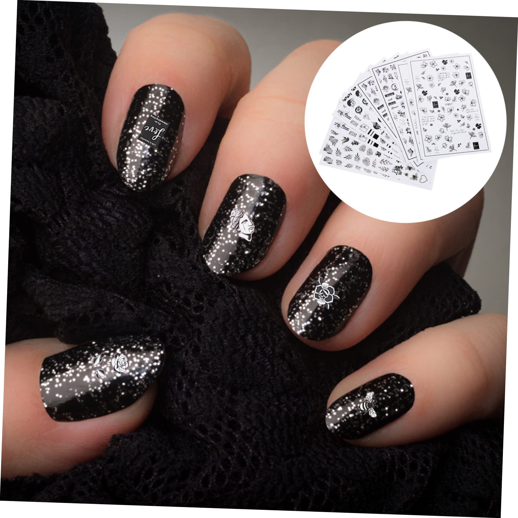 Healeved 50hojas Calcomanías De Uñas De Flores Negras y De Pegatinas Autoadhesivas Para Decoración De Manicura y Cosplay