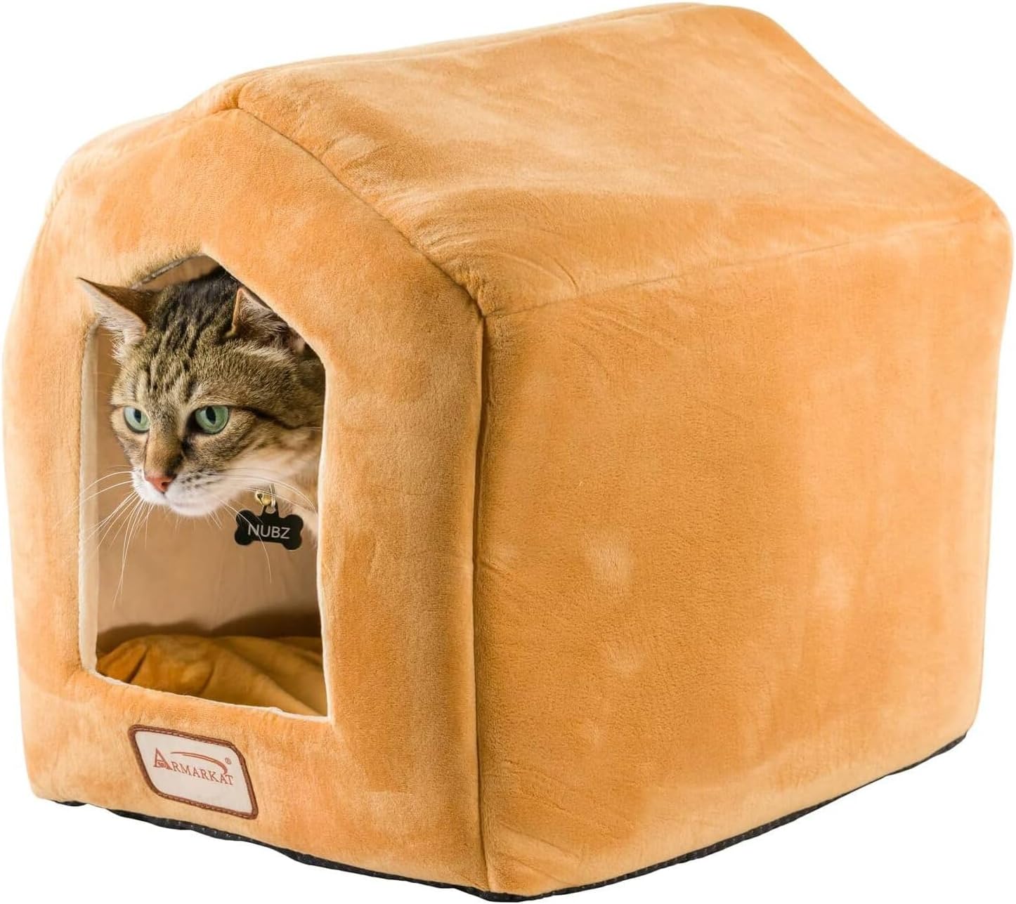 HomeStock Velvet Cat Bed House - Skid-Free Base, Removable Padding - Beige & Brown - Soft Polyfill Filling