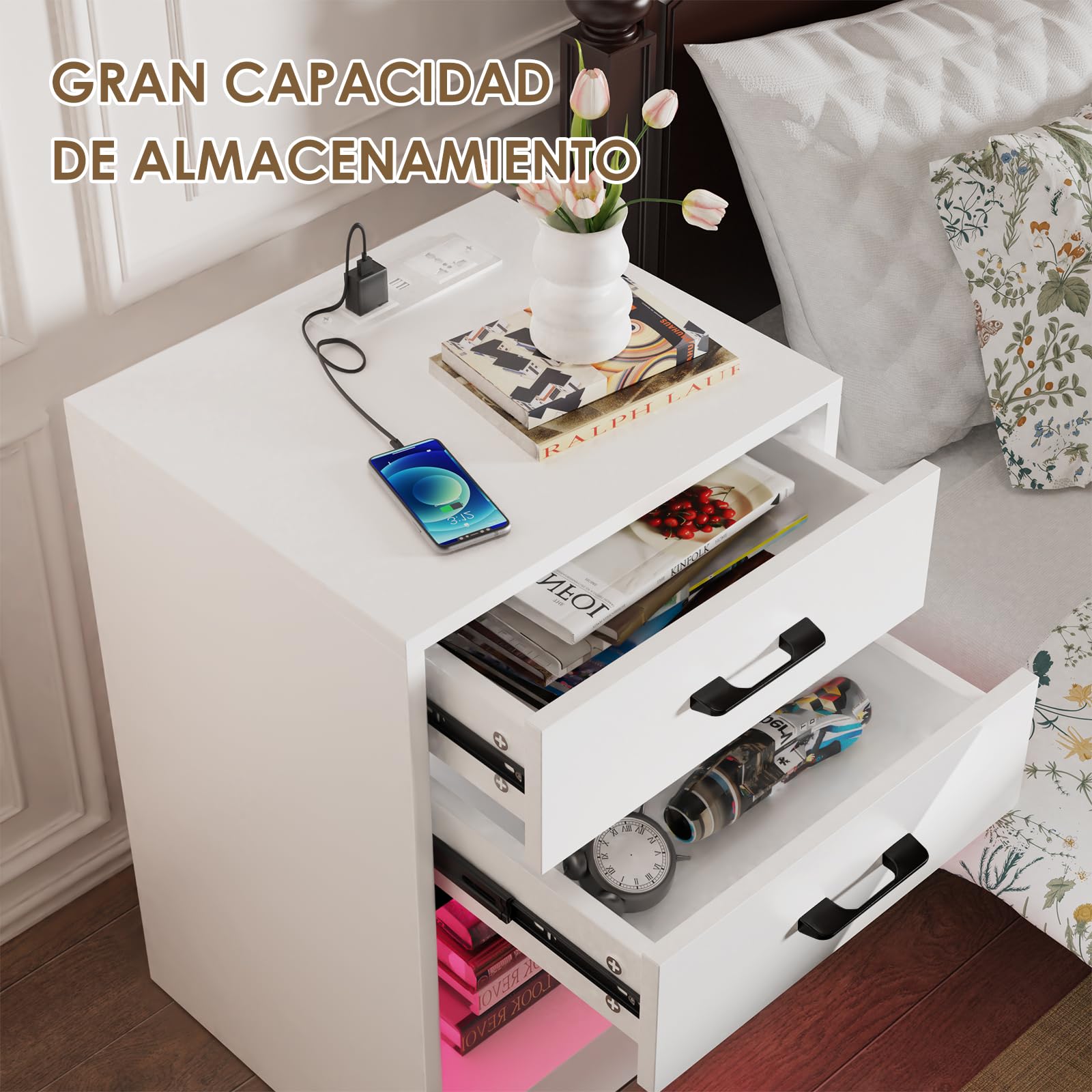 Mesitas de Noche Blancas, Mesita de Noche Led, Mesa de Noche con estación de Carga, 2 cajones, Armario de Cama, Estilo Moderno, para Dormitorio, salón 40x35x60cm