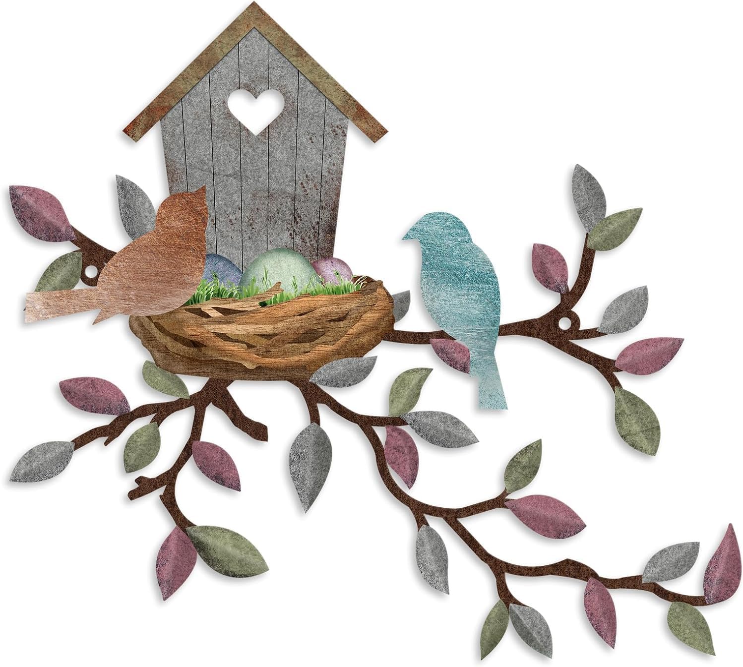 Metal Bird Wall Art on Branch - Outdoor Garden Wall Decor 16.5x13 Inches