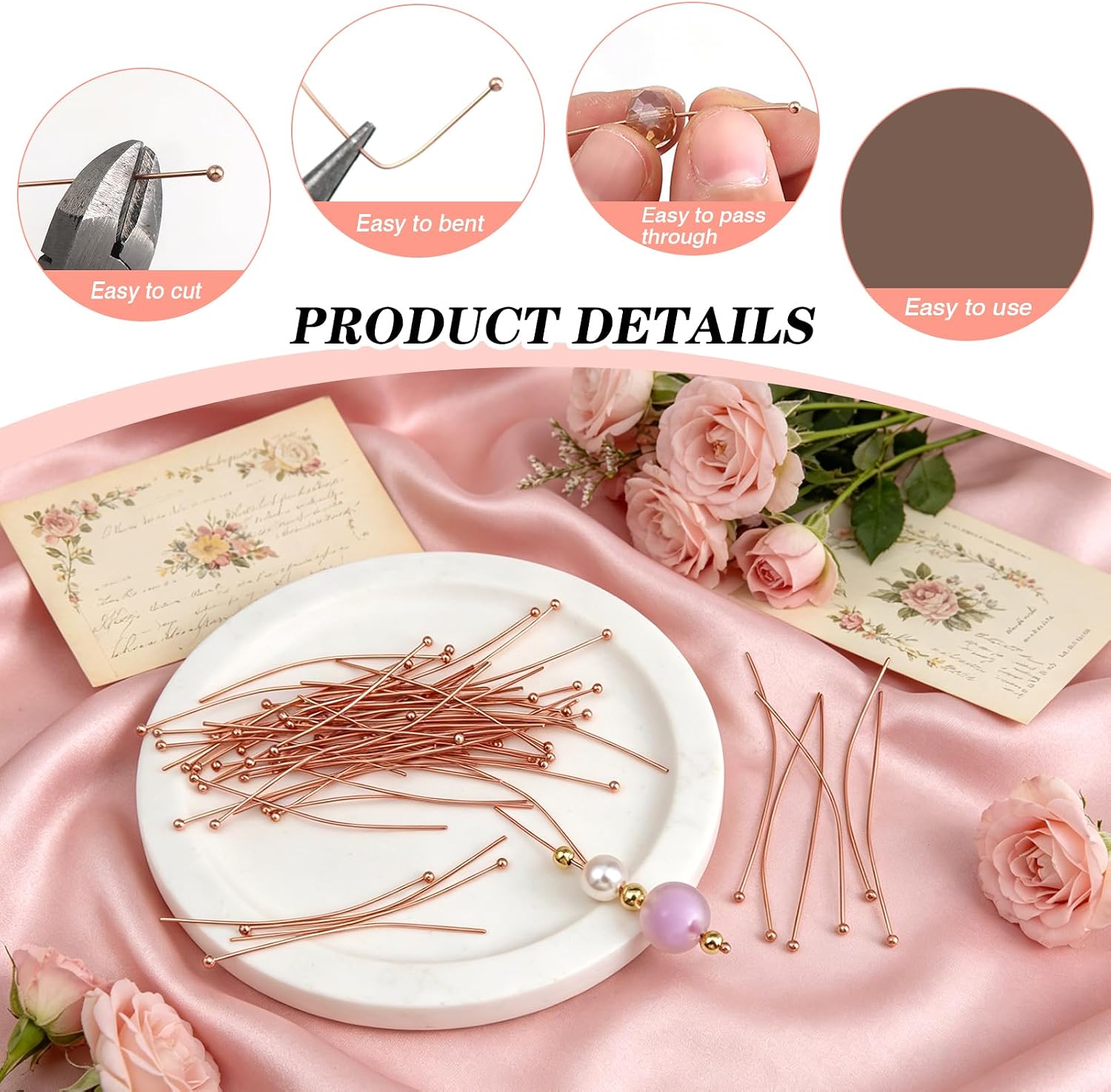 TOAOB 100pcs Stainless Steel Head Pins Set for Jewelry Making Long 50mm Rose Gold Ball Pins Jewelry Findings for DIY Crafts