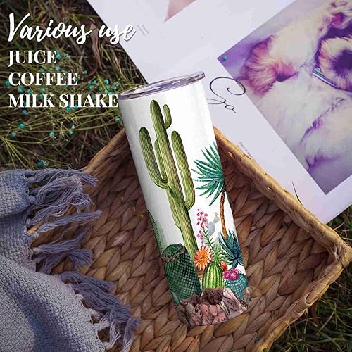 Miniatura 4 de Onebttl Regalos divertidos de cactus, amantes de los cactus, con estampado de cactus, vasos de acero inoxidable de 20 onzas con tapas y popotes,