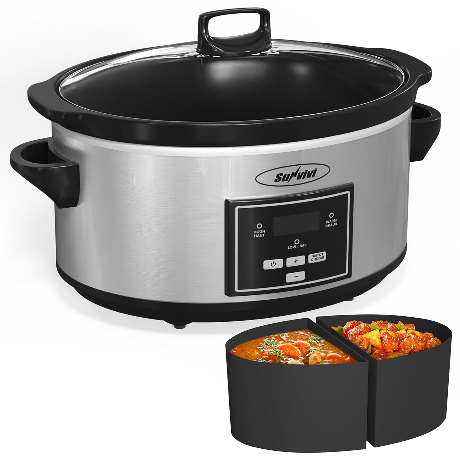 Sunvivi 6 Quart Programmable Slow Cooker with 2 in 1 Silicone Liners Multi-Cooker Food Warmer with Digital Timer