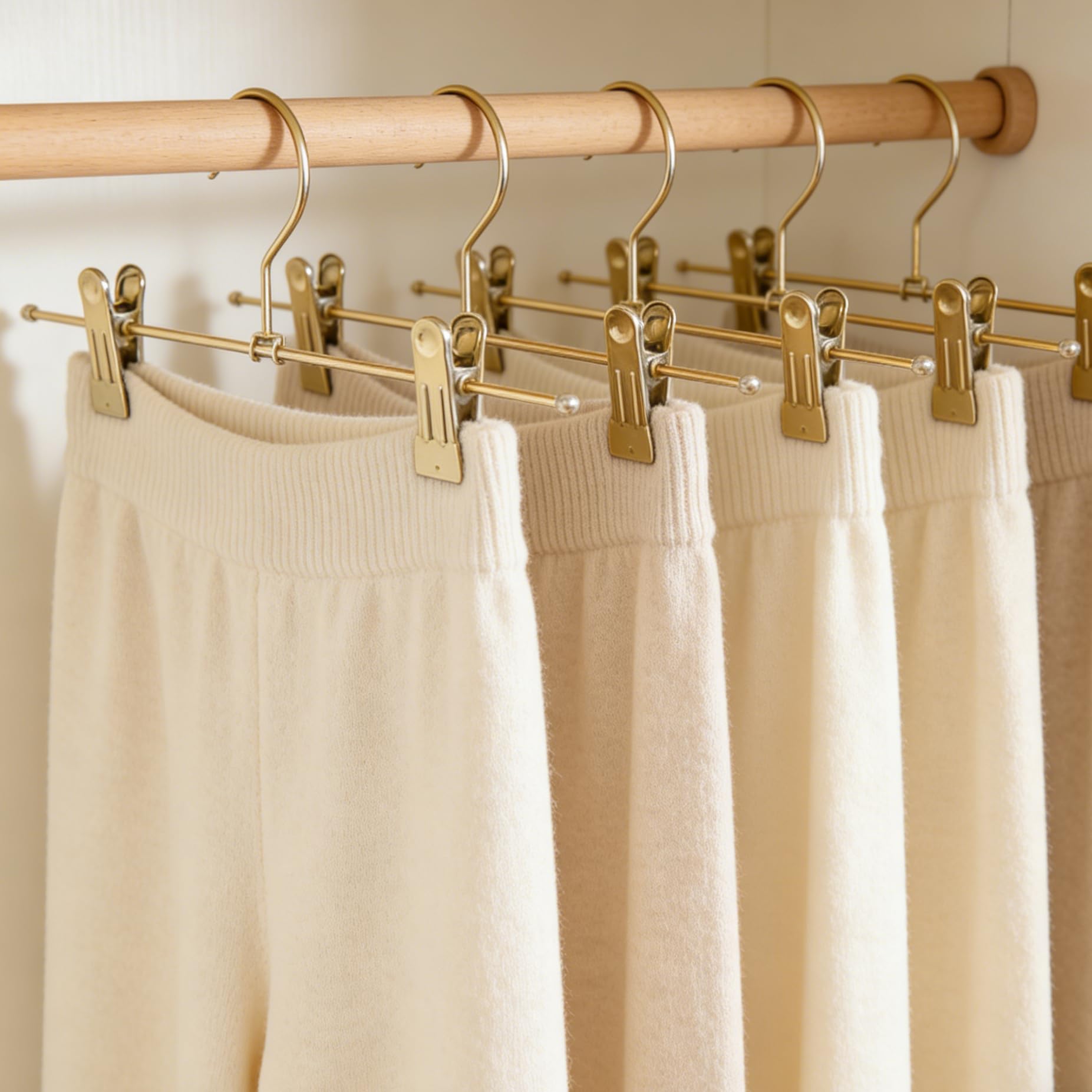 Colgador para pantalones, pantalones cortos y faldas de metal dorado de 34 cm, clips ajustables en la parte inferior, organización para colgar ropa o abrigo (30 paquetes)