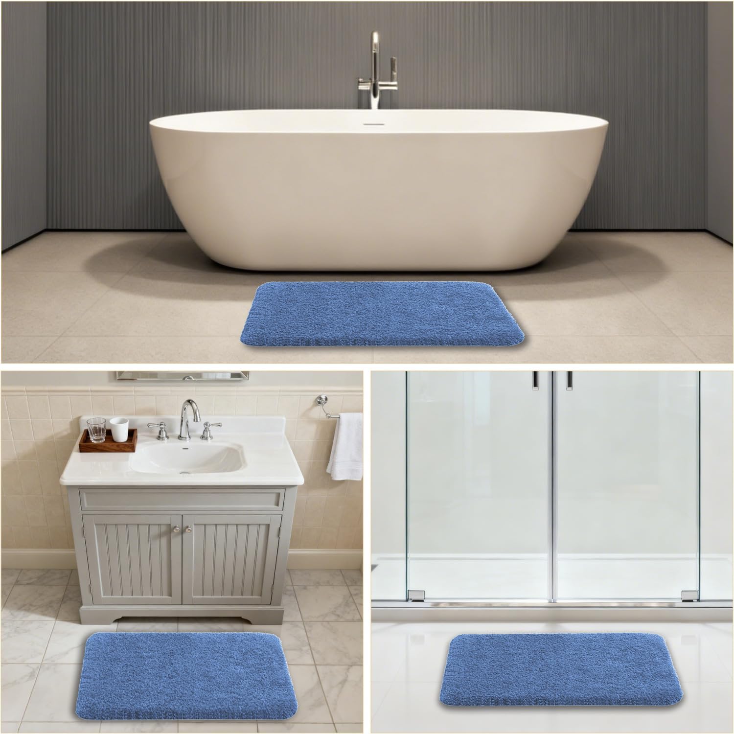 Blue Bathroom Rugs 24"x36" - Fluffy Microfiber Bath Mat, Non Slip and Absorbent Bathroom Floor Mat, Machine Washable Plush Rug - Ideal for Tub, Cabinet or Washroom