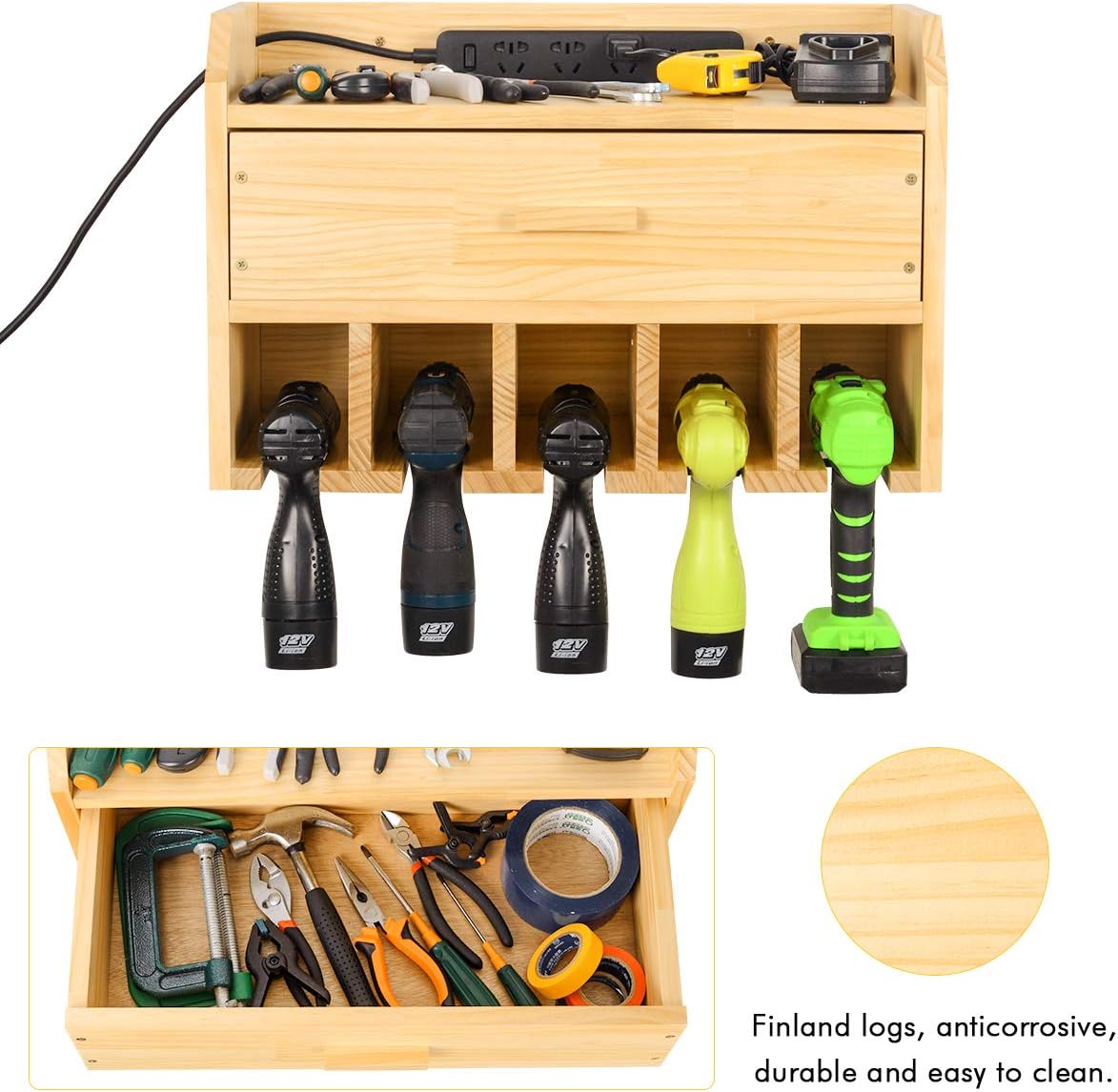 Amazing 🔥 Power Tool Organizer and Storage, Drill Charging Station Storage Wall Mount Drill Holder for 5 Drill, Cordless Drill Storage with Drawer for Screwdriver, Wrench (Solid Wood)