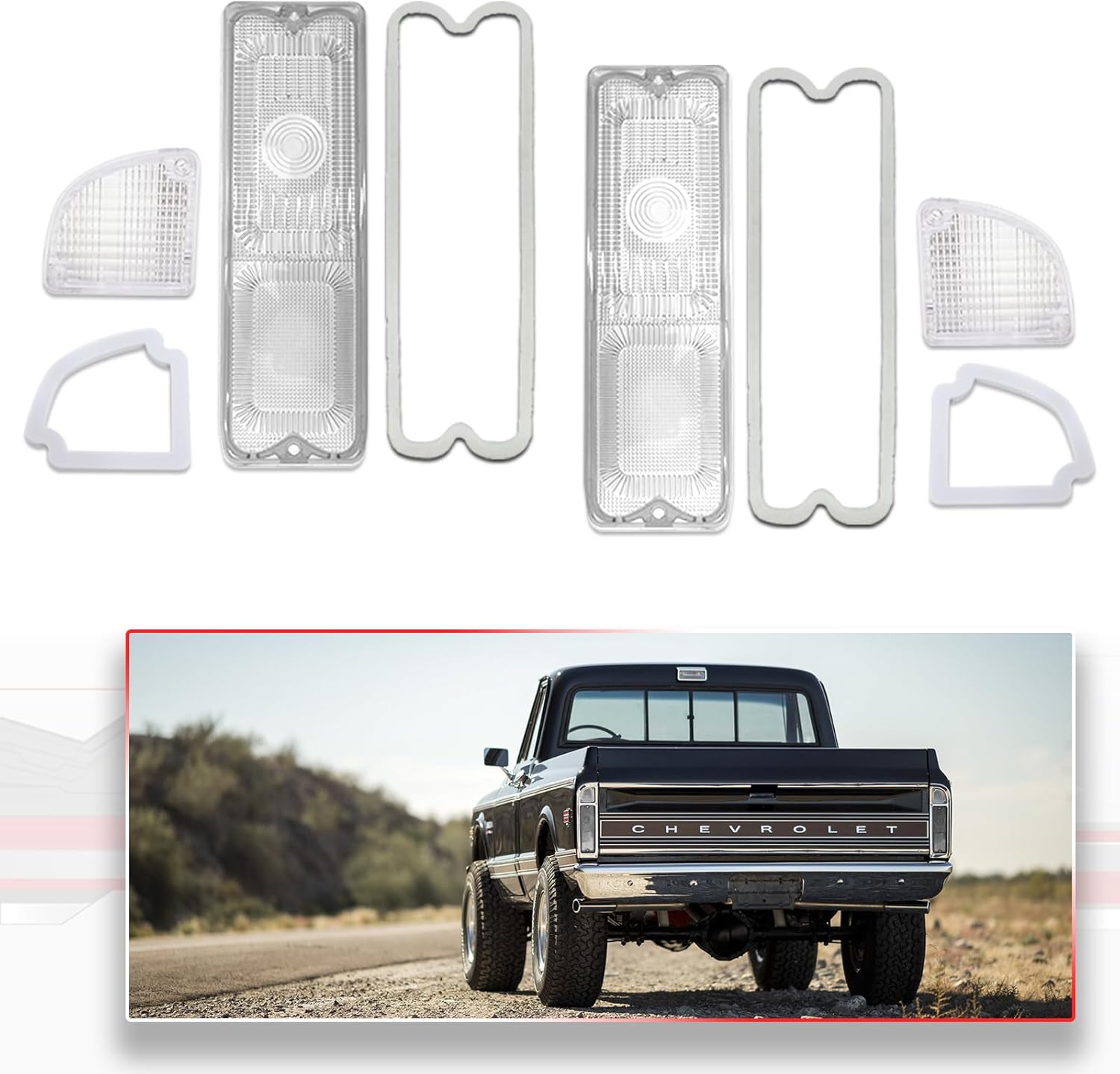 Clear Lens Rear Tail Light & Reverse Lenses w/Gasket Kit For Chevy & GMC Trucks (Fleetside/Wideside) 1967-1972