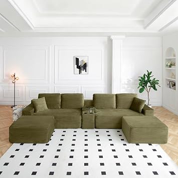 Modular Sectional Couch, Modern Cloud Sectional Sofa U Shaped Boneless Couch with Double Chaise, Comfy Deep Seat Upholstered Sofas Couches for Living Room, No Assembly 150" Green