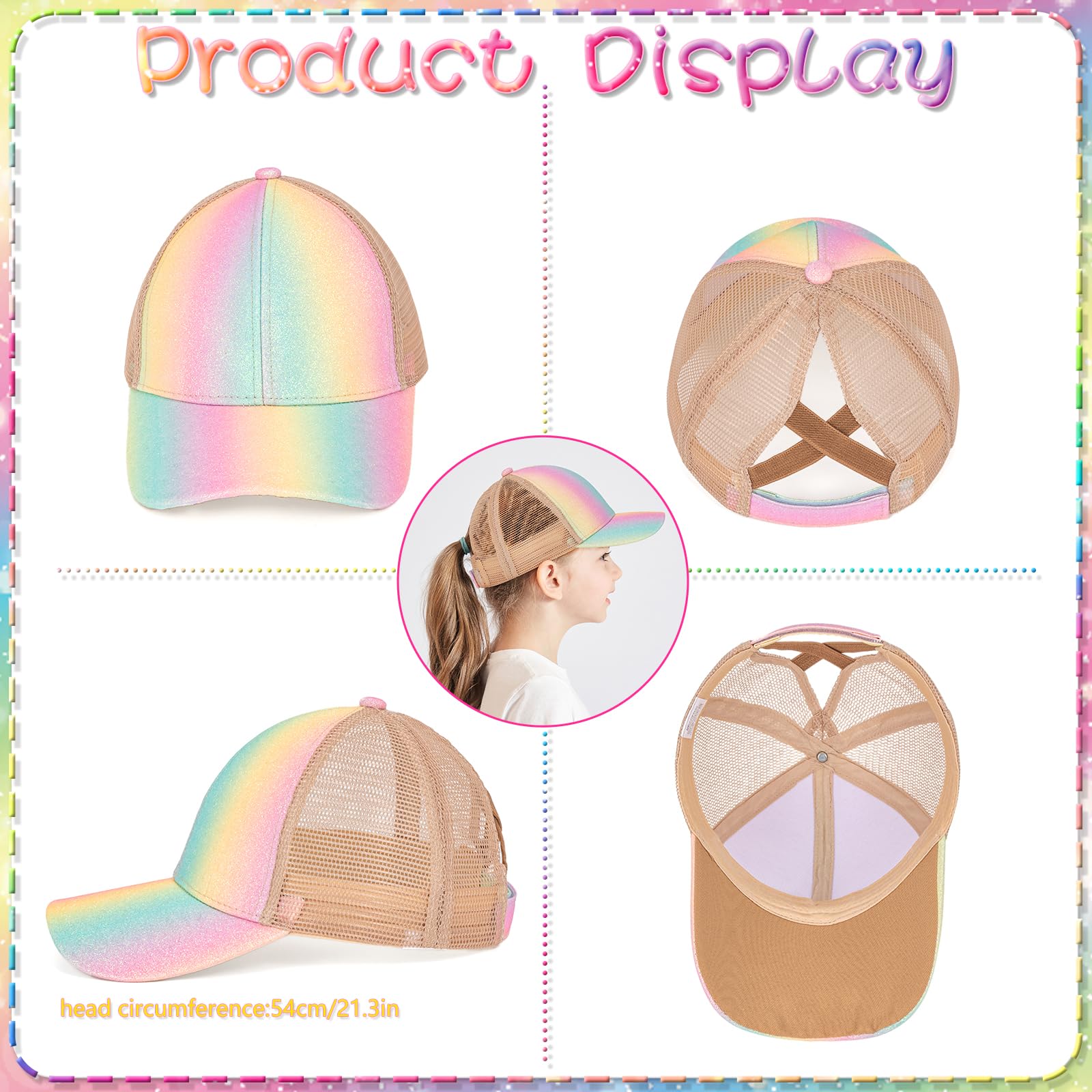 Gorra de Béisbol para Niñas, Arco Iris Polarizadas Gafas de Sol Ajustables Gorros Lindas Visera Verano Deporte Informales Transpirables para Niños