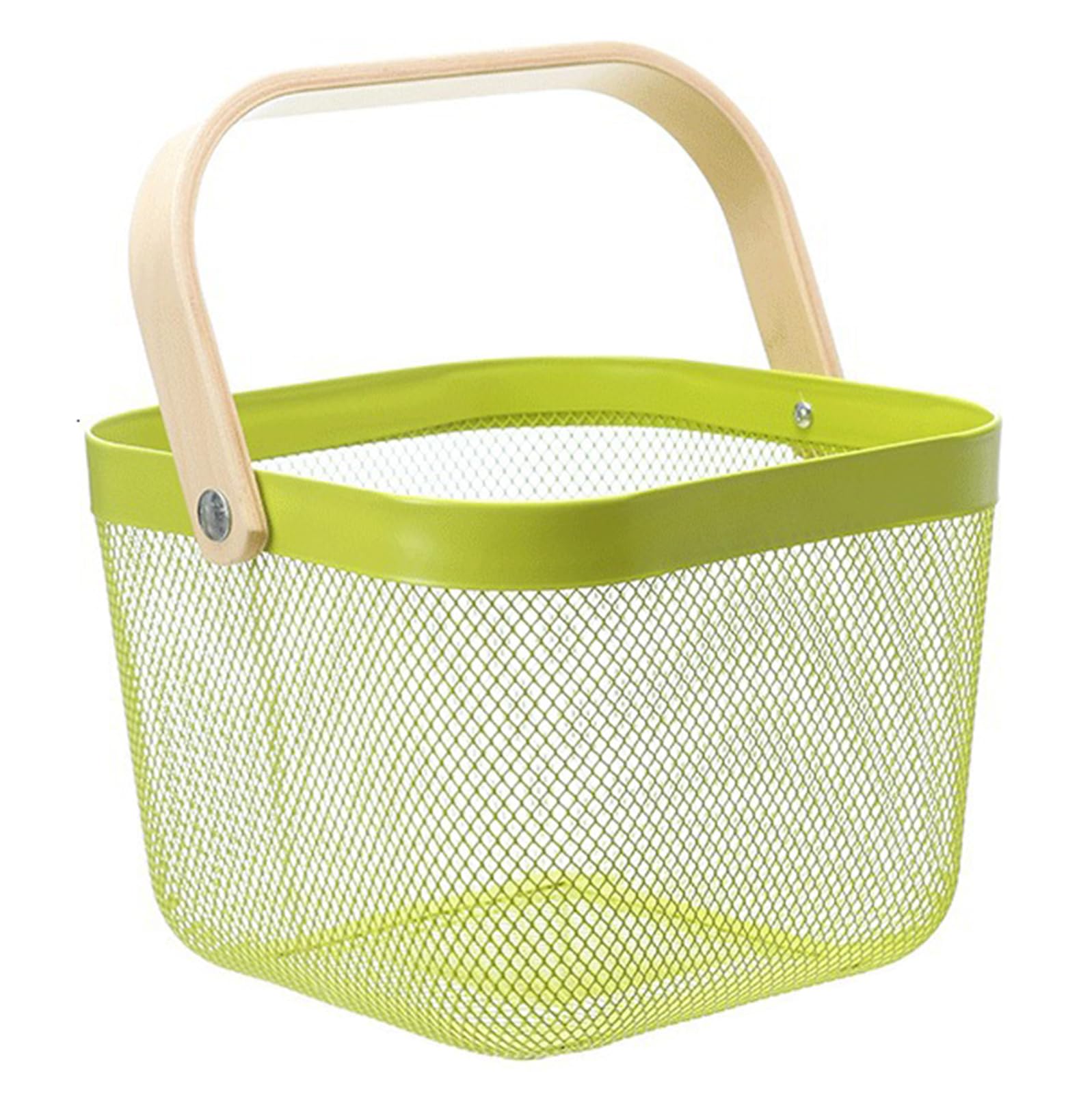 AJIODA Metal Mesh Steel Basket, Storage Organizer Basket Multi-functional Hanging Kitchen Baskets Fruit Basket with Wooden Handle for Kitchen Bathroom