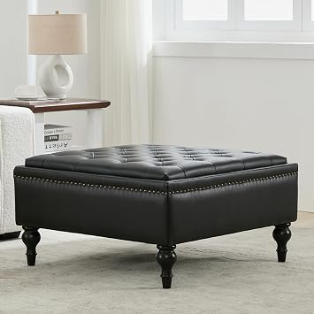 Square Ottoman Coffee Table, Large Leather Ottoman with Storage | Oversized Footstool, Anti-Slip Embedded Lid, Brass Nailhead Trim, Tufted Upholstered Ottomans for Living Room Bedroom, Black