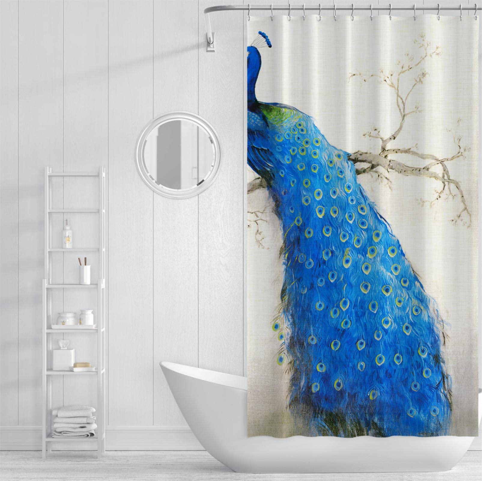 Cortina de Ducha de Pavo Real Azul Decoración de Cortina de baño Familiar Tela Impermeable Cortina de baño húmeda y Seca separada con Ganchos W220xL200cm