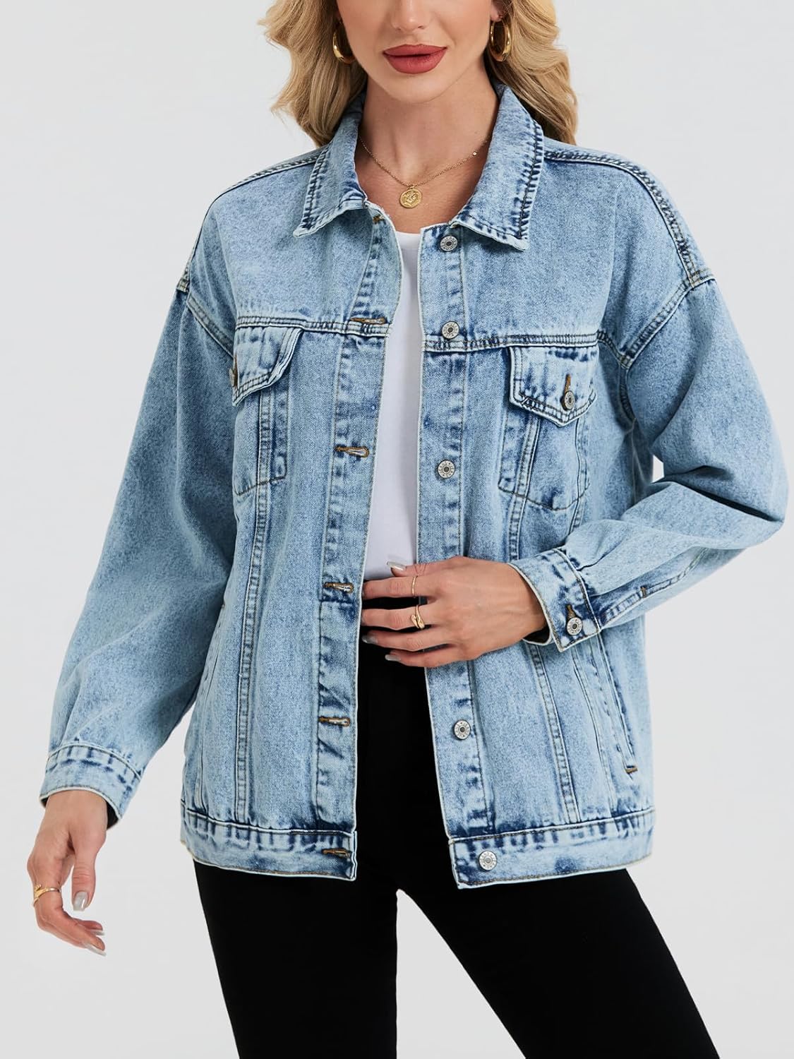 LifeShe Oversized Denim Jacket Women Boyfriend Jean Jacket Trendy Loose Shacket Spring Trucker Coats - Image 4