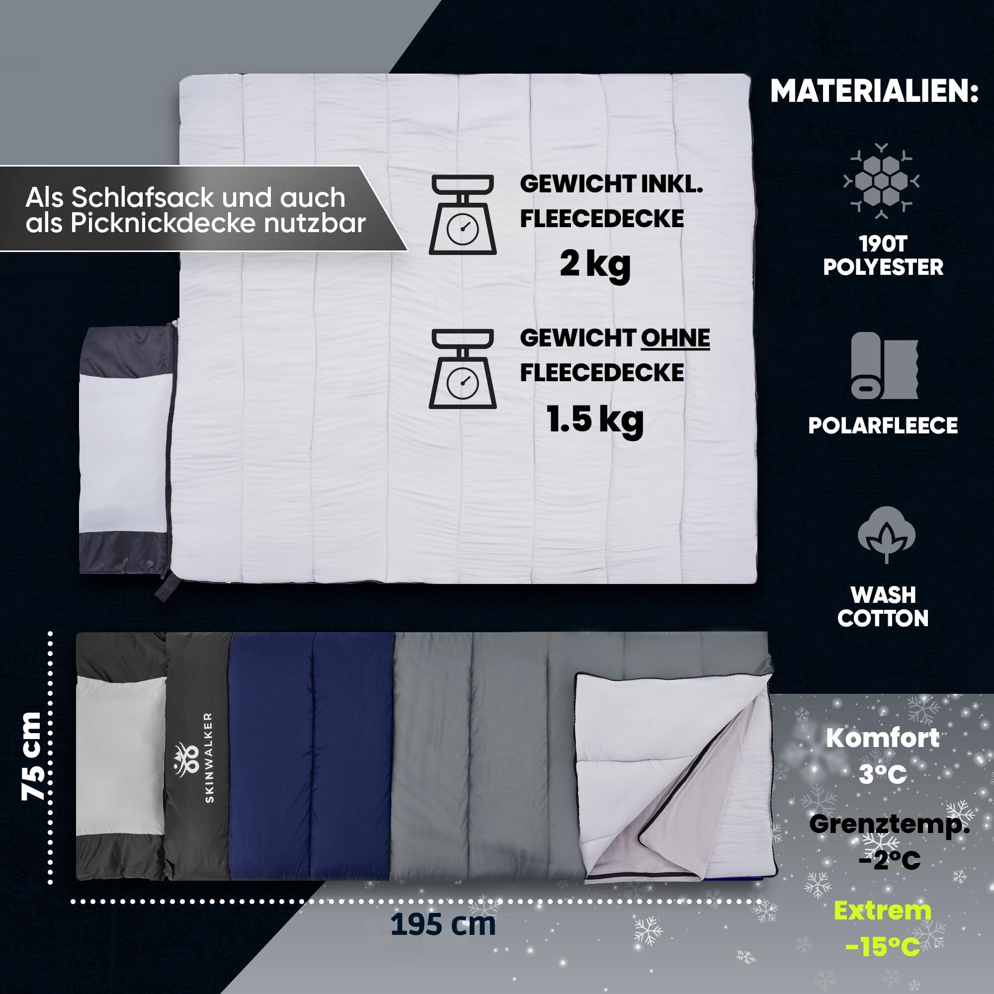 SkinWalker Schlafsack [Kleine Größe bis 1,70m Körpergröße] 3-4 Jahreszeiten mit abnehmbaren Fleece + Kopfkissen [-15°C bis +20°C] Deckenschlafsack Schlafsack Camping, Sleeping Bag Jugendliche