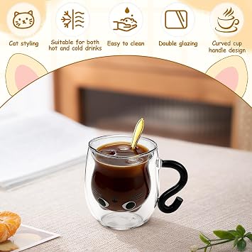Cute Cat Mug Double Walled Glass Mugs with Spoon, 250ml Cat Coffee Mug with Handle Insulated Espresso Milk Tea Cup, Birthday Christmas Valentines Mothers Day Gifts for Women Children Mum Girlfriend