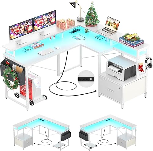 Hyomdeck Escritorio en forma de L, escritorio reversible en forma de L con cajón de archivos, escritorio de esquina para escritura de juegos,