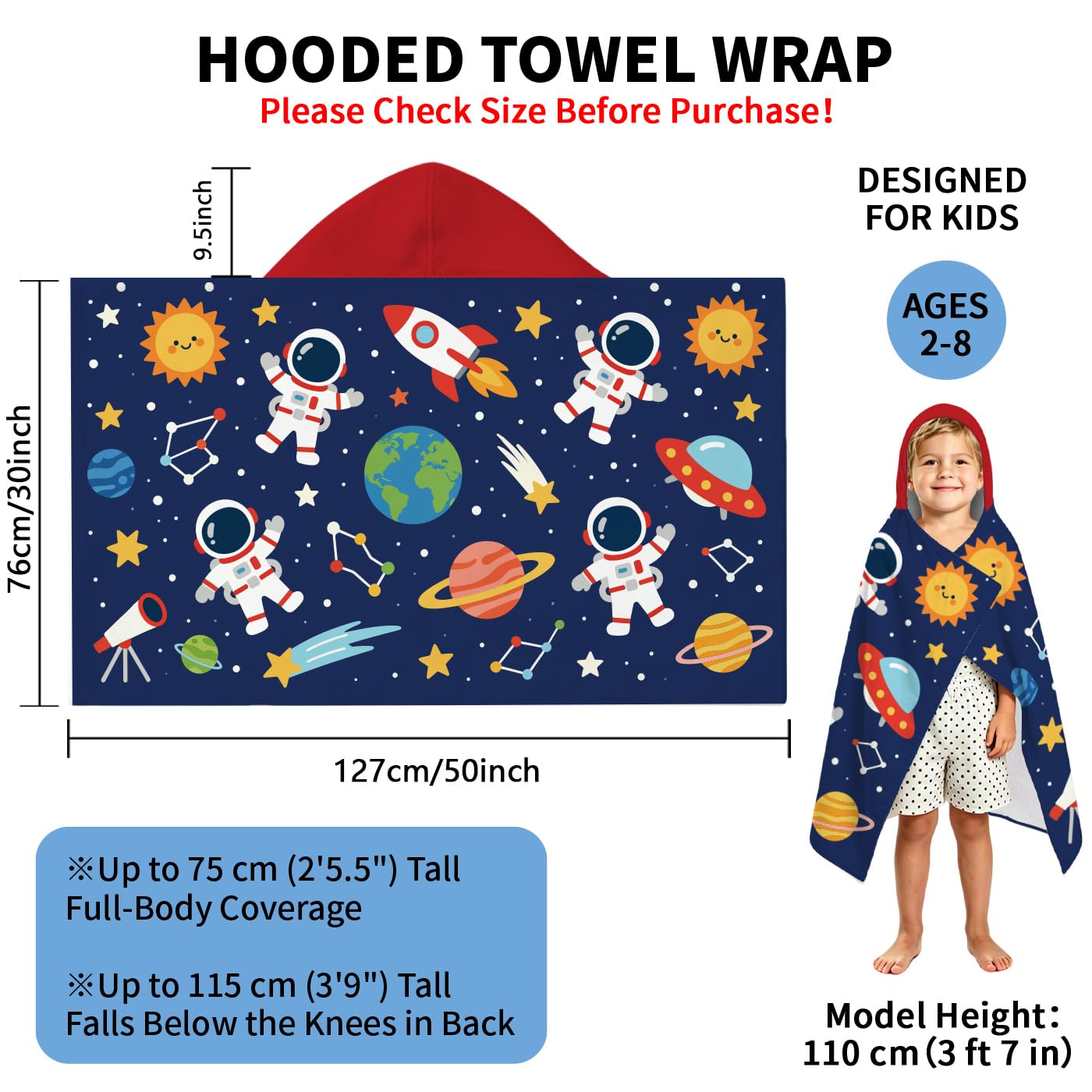 peacoblue Badeponcho Kinder Kapuzenhandtuch Astronaut Und Planeten | Mikrofaser Kapuzenhandtuch 76x127cm für Kinder 2-8 Jahre, Schnell trocknend für Strand, Pool und Schwimmen