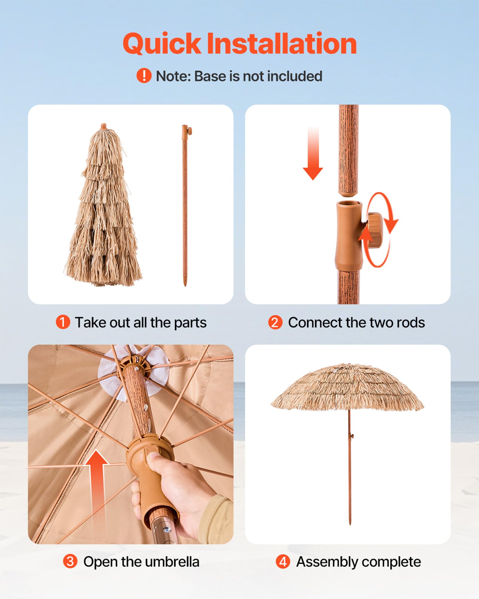 VEVOR Ombrello in paglia Hawaii, 2 m, inclinabile, ombrellone da spiaggia con paglia PP e 8 barre in metallo, ombrellone da giardino, ombrellone da mercato, ombrellone da terrazza, bordo piscina