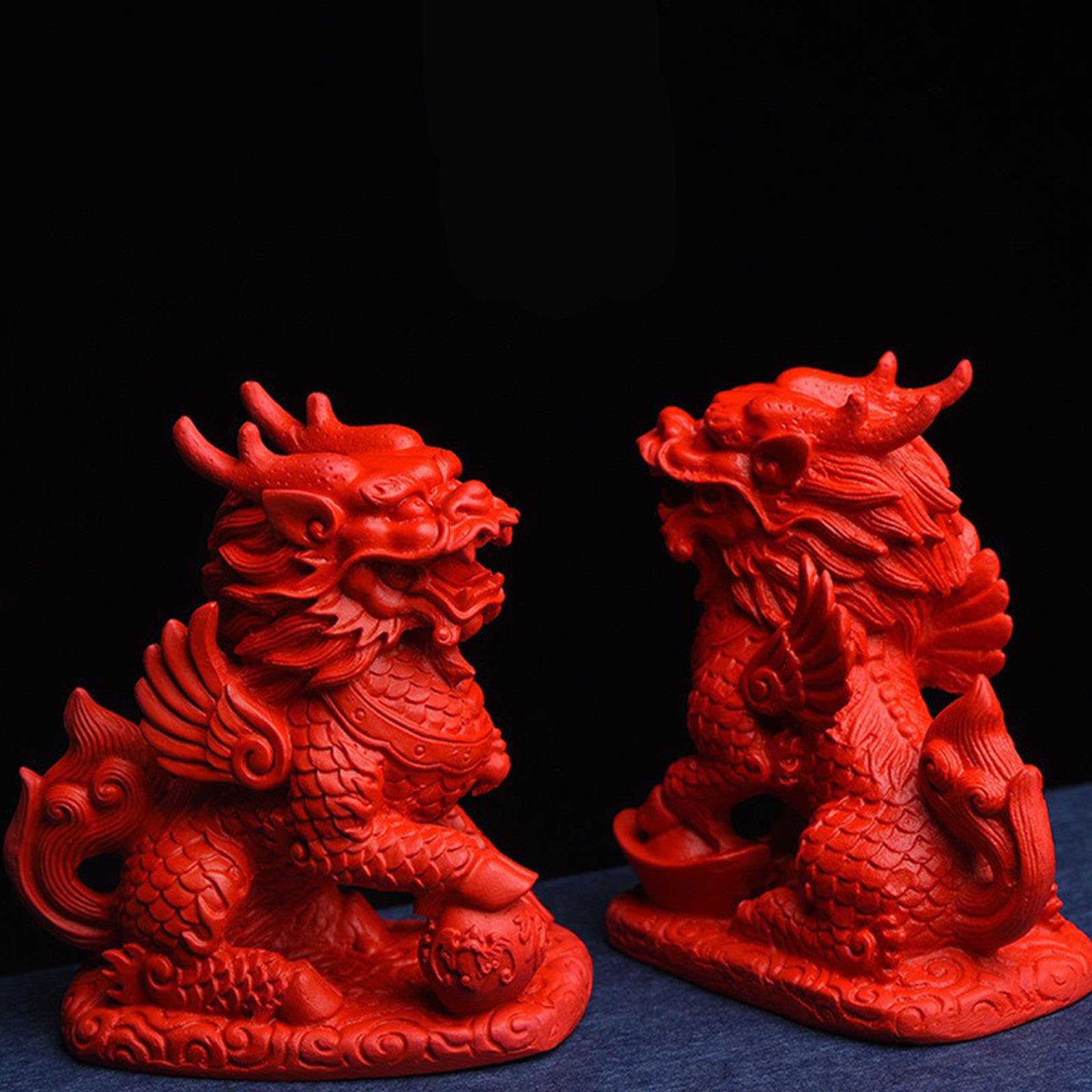 Feng Shui Set di Due Statue di Cinabro Rosso Chi Lin/Kylin Ricchezza Prosperità, Decorazione per La Casa Attira Ricchezza e Buona Fortuna
