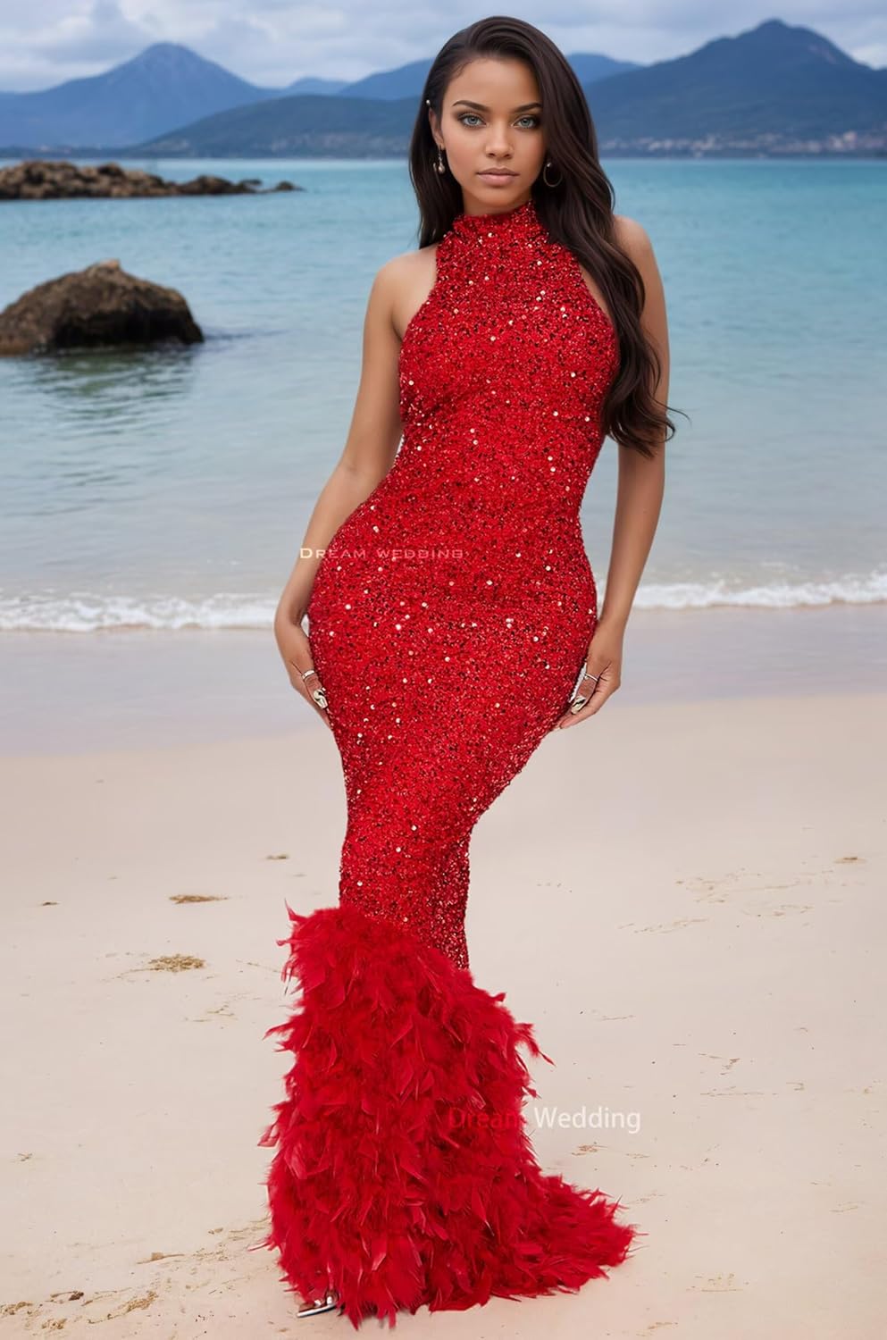 Sequin Halter Prom Dresses with Feather Mermaid Sparkly Evening Formal Party Gowns Sleeveless Cocktail Dress DR0897