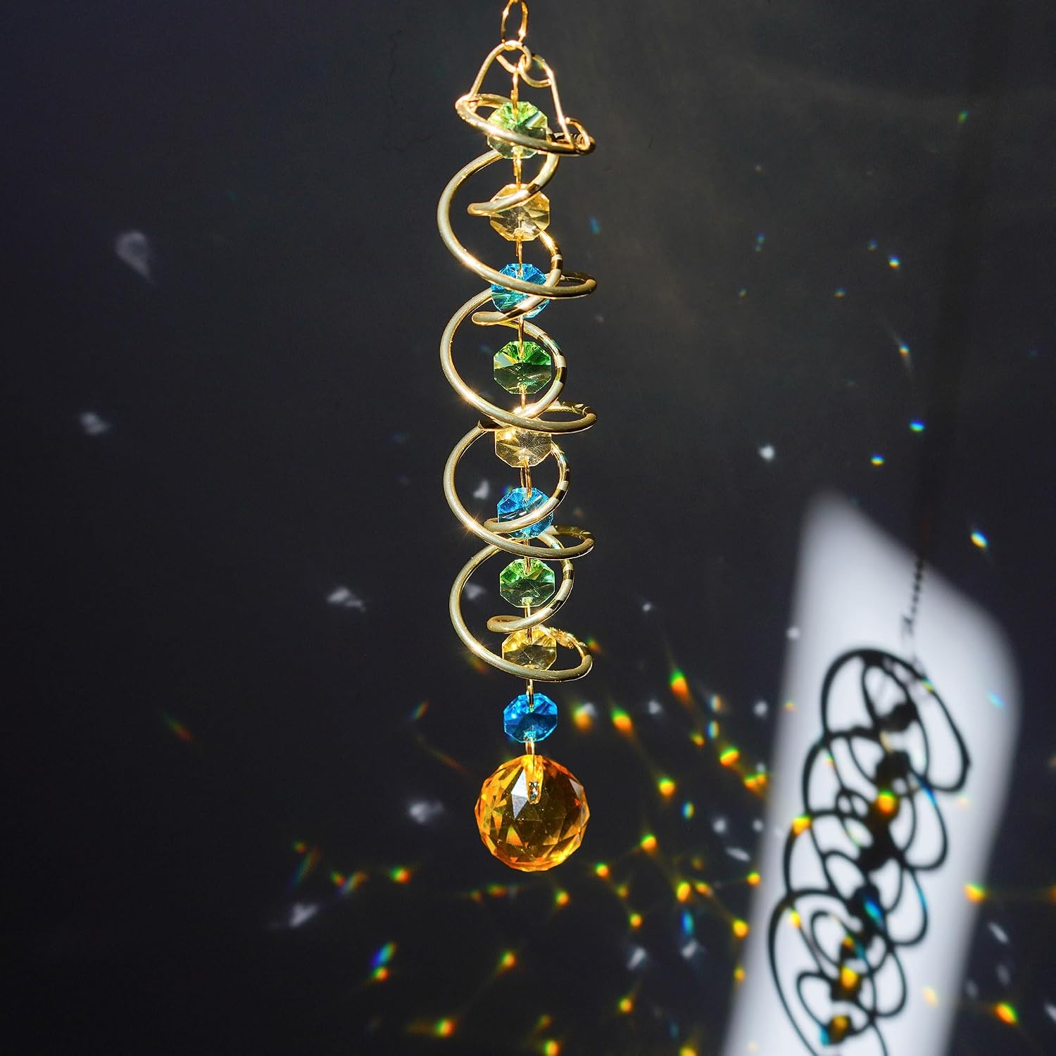 20.5in Yellow Crystal Gazing Ball Spiral Wind Spinner Suncatcher Decor image 2